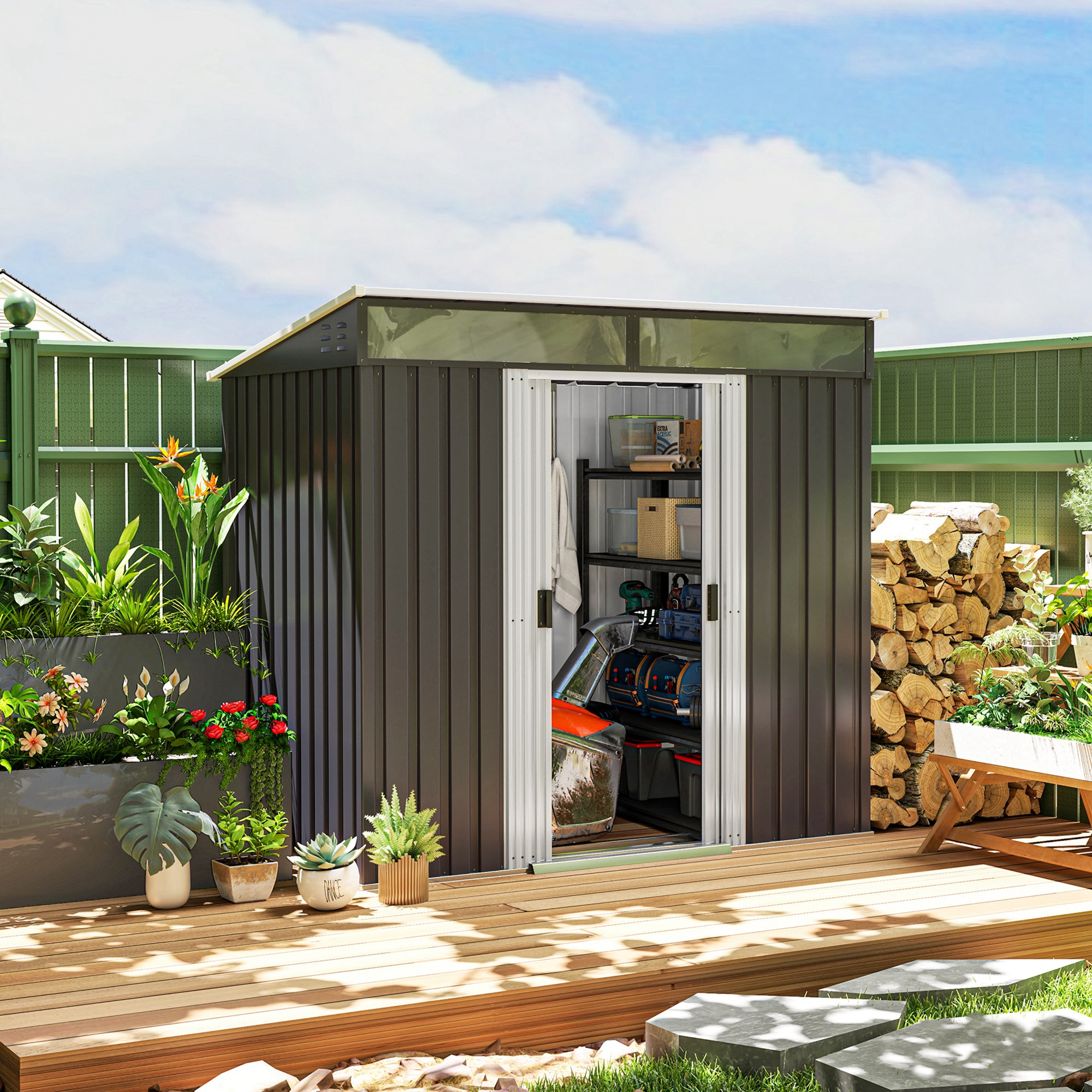 6.5 x 4FT Galvanised Metal Shed with Foundation, Lockable Tool Garden Shed with Double Sliding Doors and 2 Vents, Grey