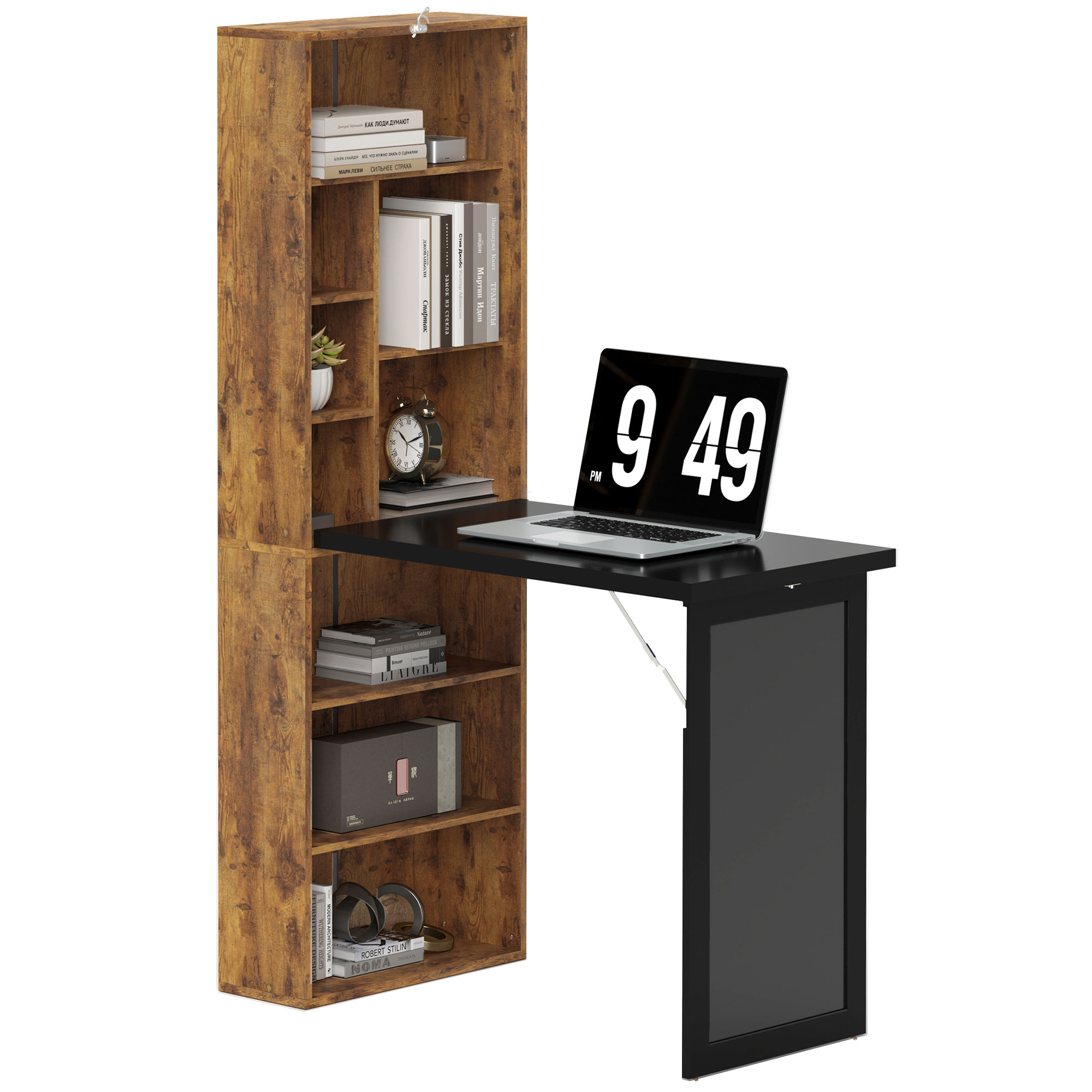 HERON Folding Desk with Blackboard Multi-function Computer Office Workstation Side Shelf for Home Office, Rustic Brown