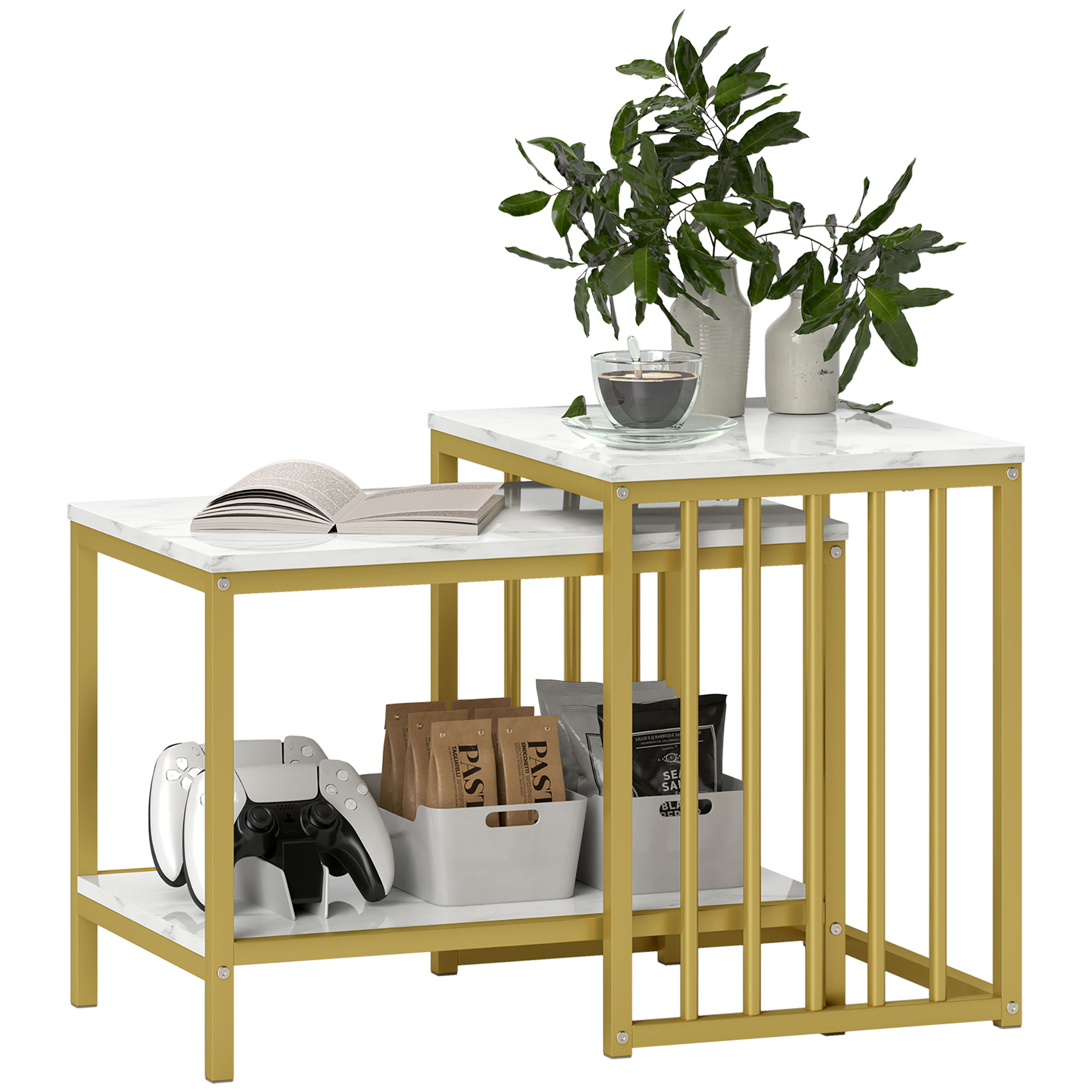 HERON Modern Coffee Table Set of Two, Marble-Effect Nesting Side Tables with Steel Frame for Living Room, Gold Tone