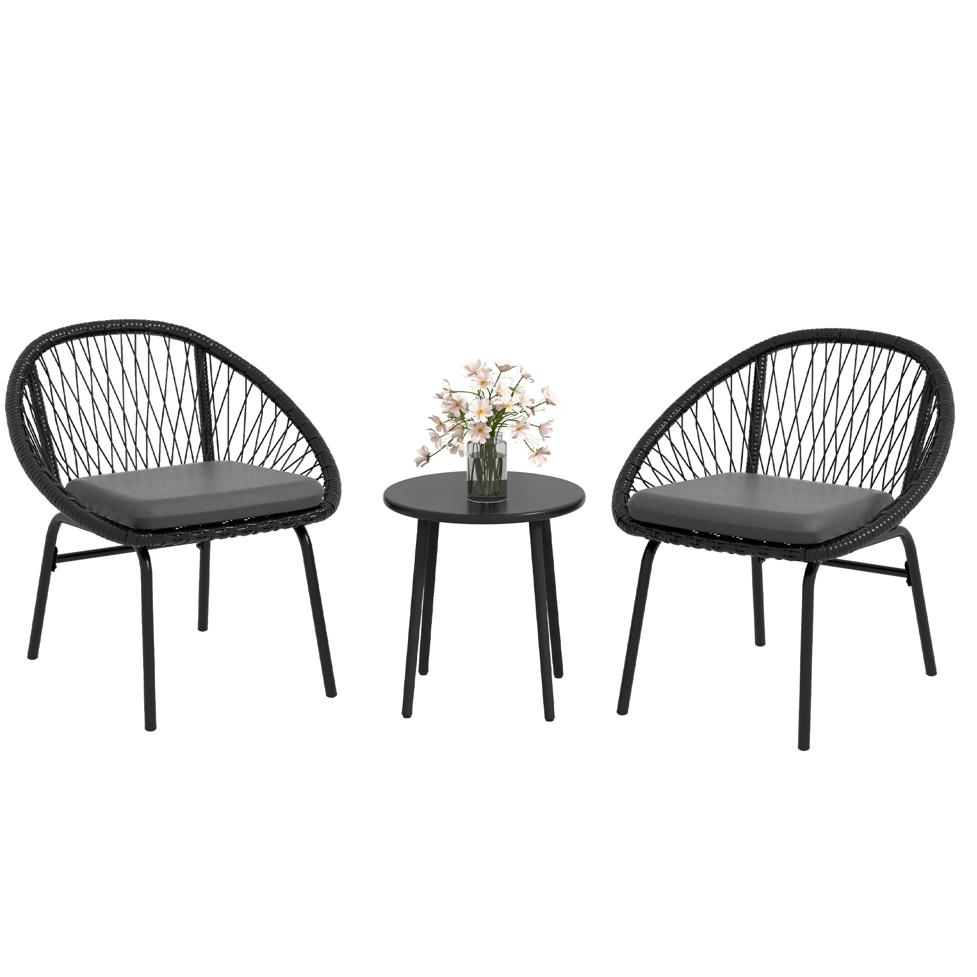 3 Piece Garden Furniture Set with Cushions, Round PE Rattan Bistro Set w/ 2 Armchairs & Metal Plate Coffee Table