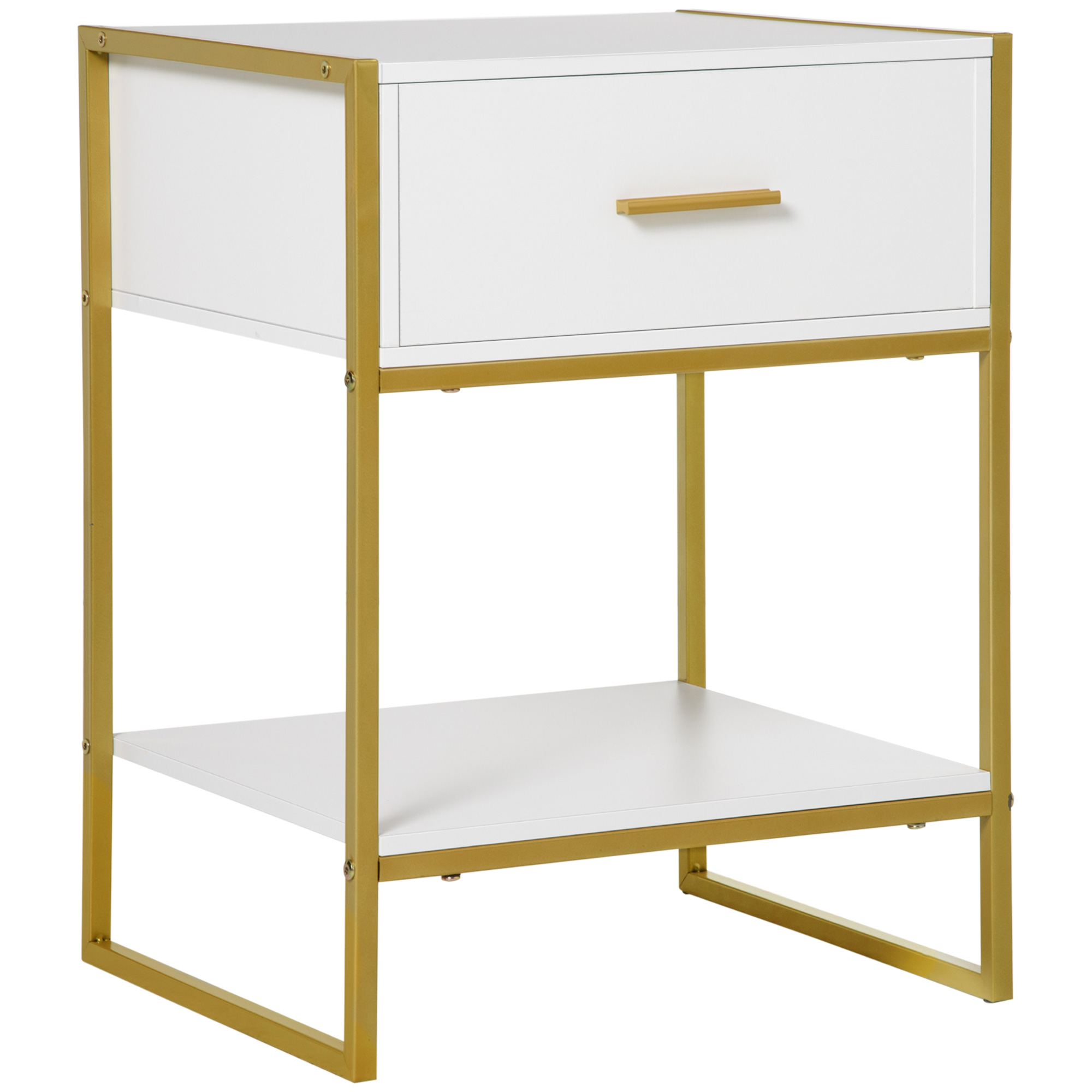 Bedside Table - MODERN Nightstand White and Gold 40cm