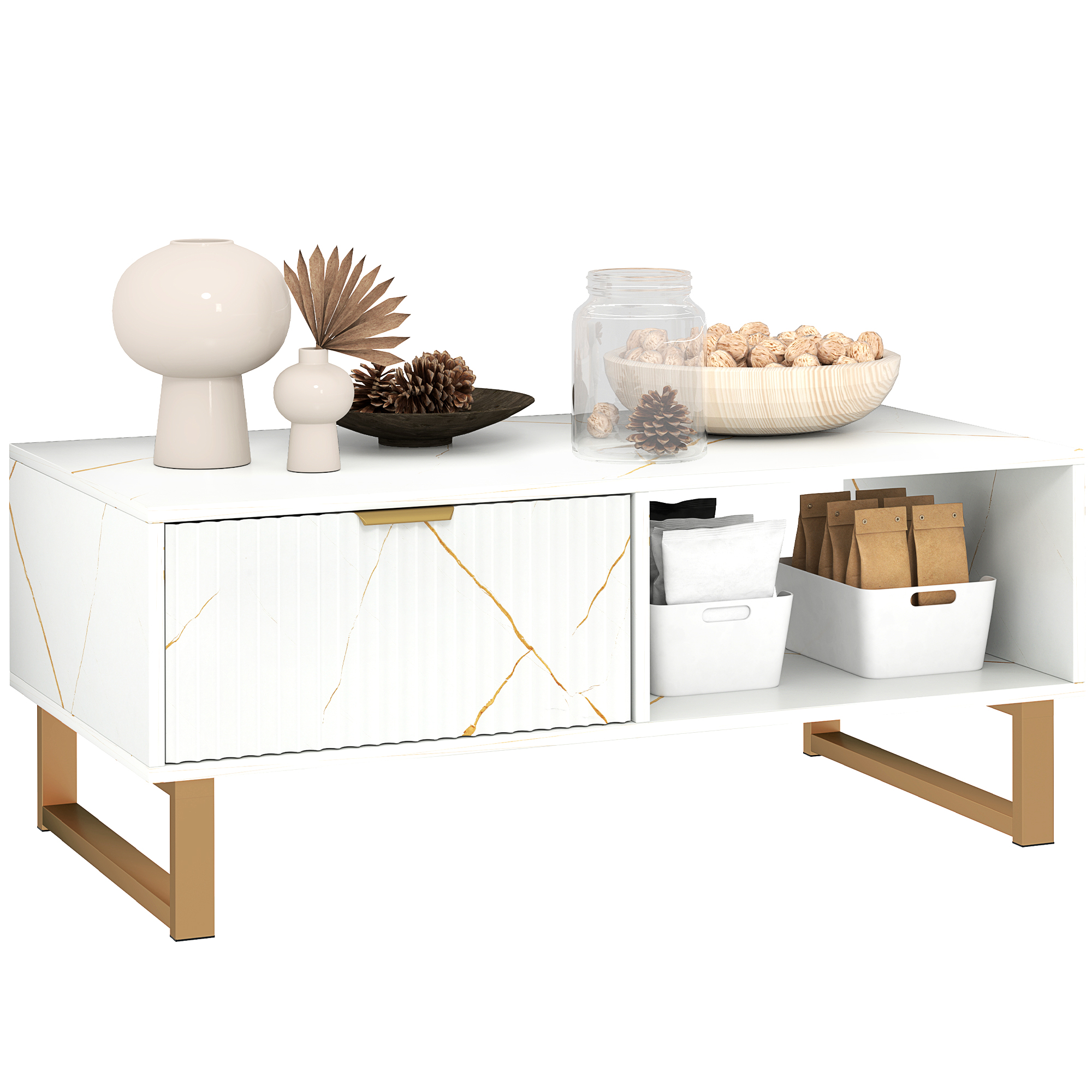HERON Elegant Marble Effect Storage Coffee Table - White