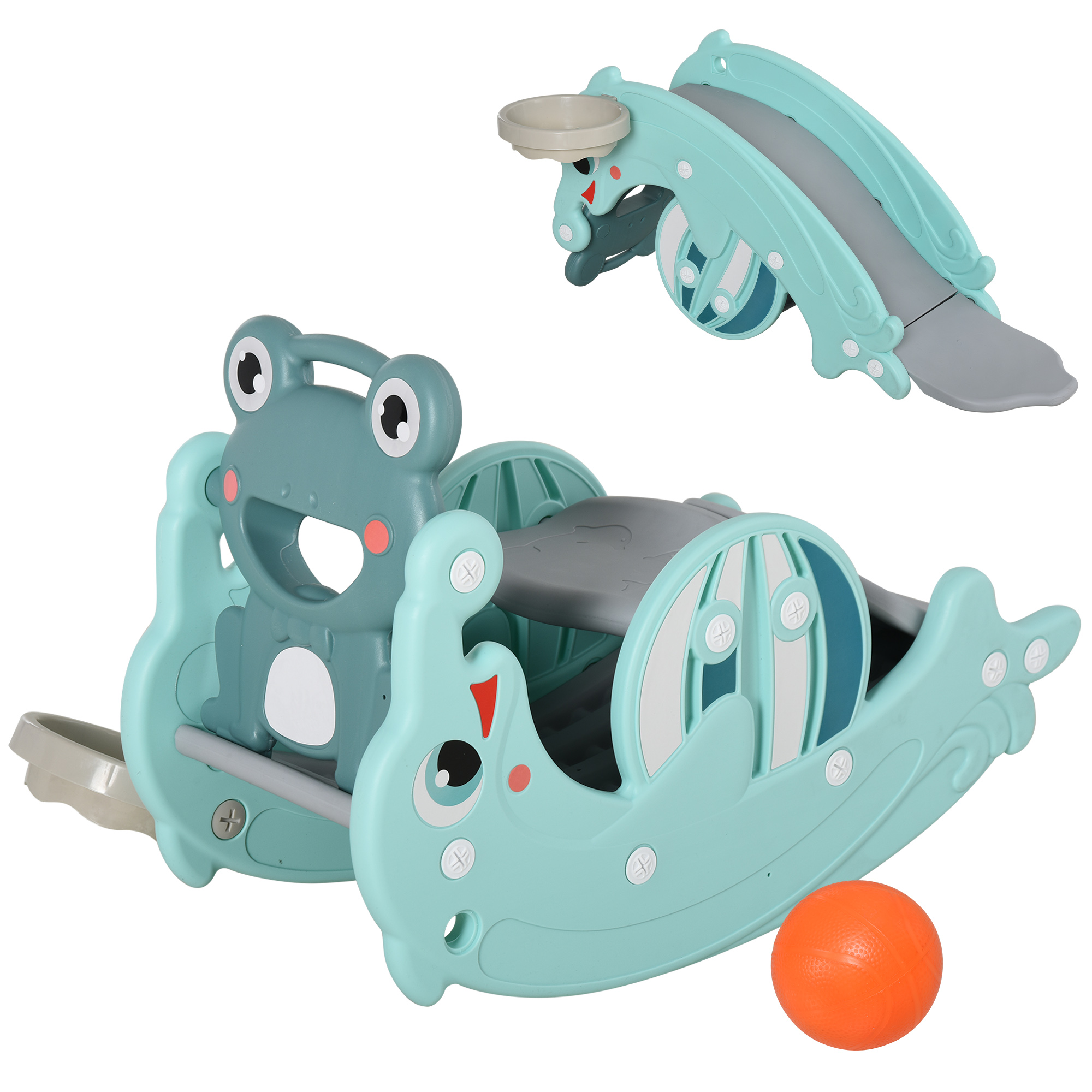 3-in-1 Baby Rocking Horse Portable Slide Basketball Hoop Equipment Indoor Outdoor Playground Toy, Age 3-5, Green