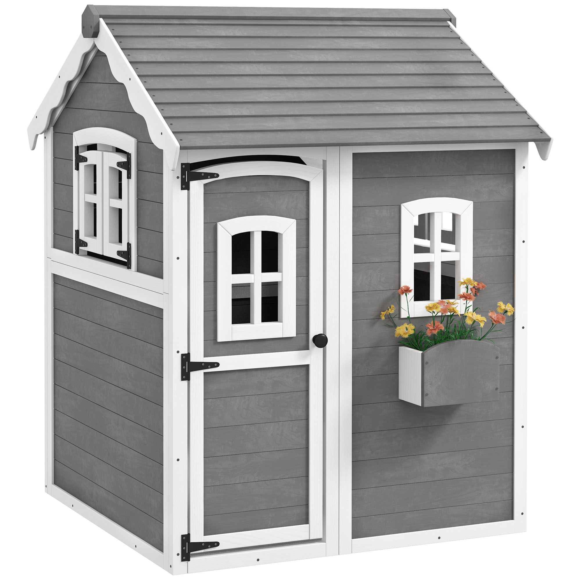 Wooden Playhouse for Kids with Doors, Windows, Plant Box, Floors, for 3-8 Years Old, Garden, Lawn, Patio, Grey
