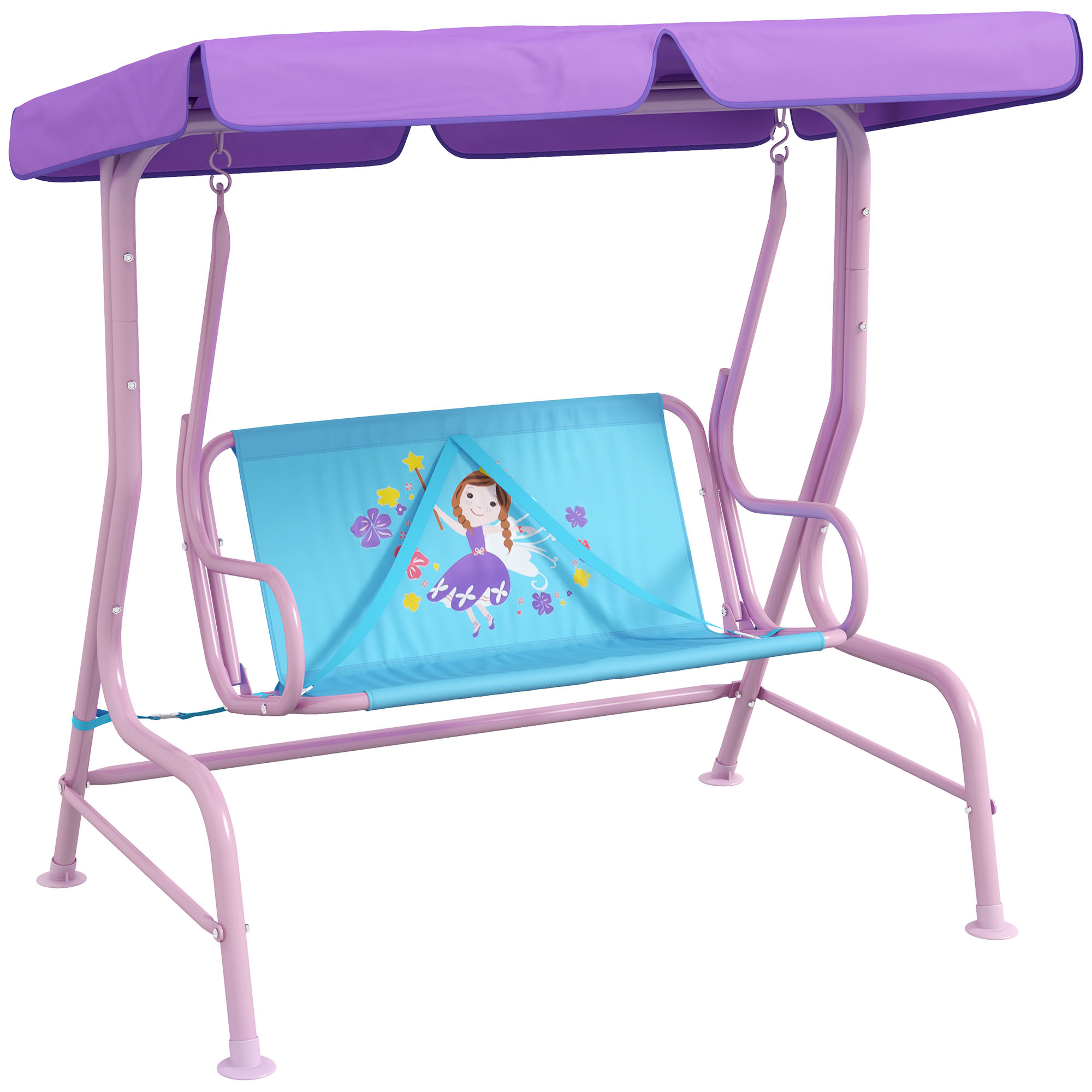2 Seater Kids Garden Swing Fairy Themed Kids Swing Chair with Adjustable Canopy, Safety Belts for Park Porch Poolside