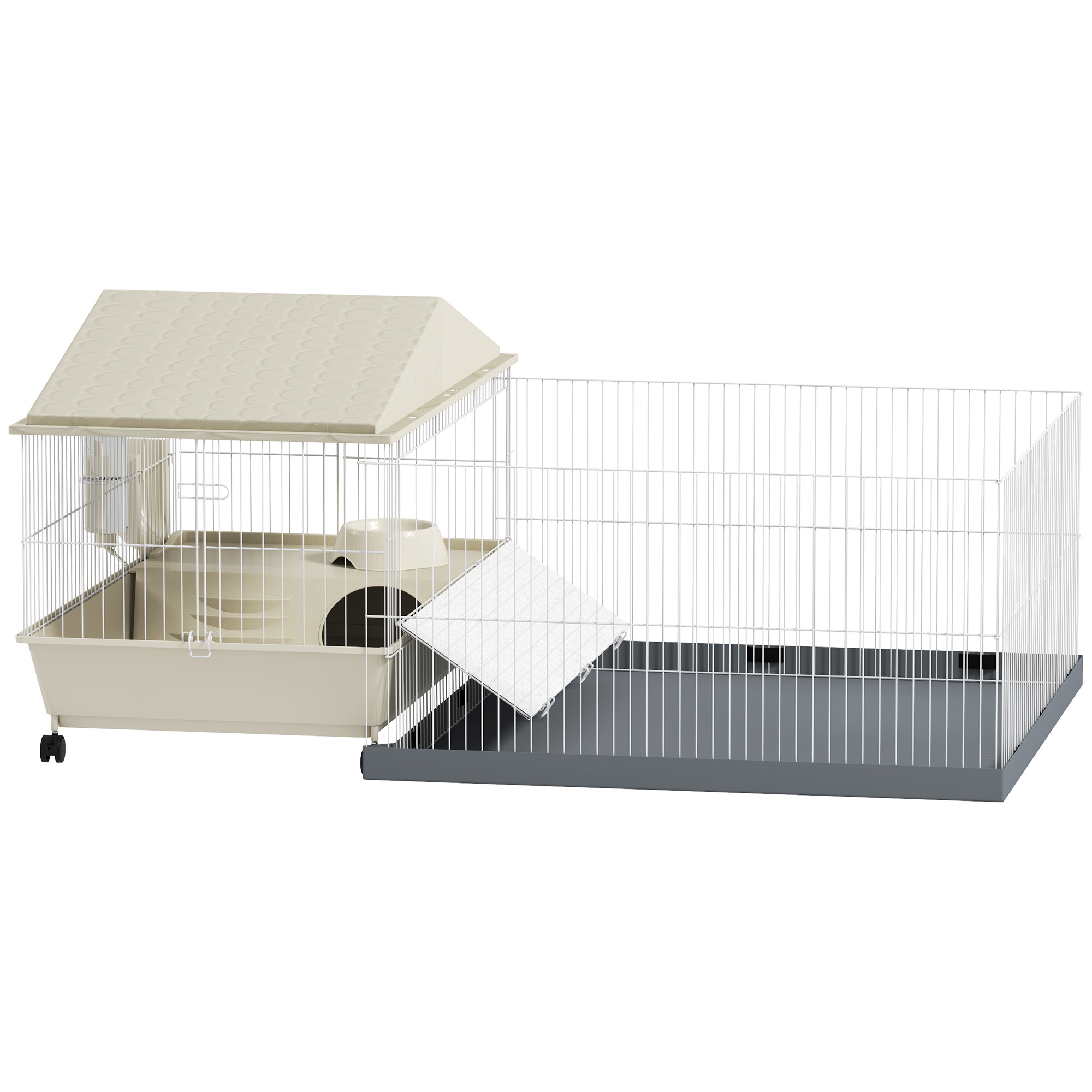 PAWSTER Small Animal Cage with Removable Pet Playpen, Guinea Pig Cage with Waterproof Pad, Hay Feeder, 108 x 71 x 57cm, Beige