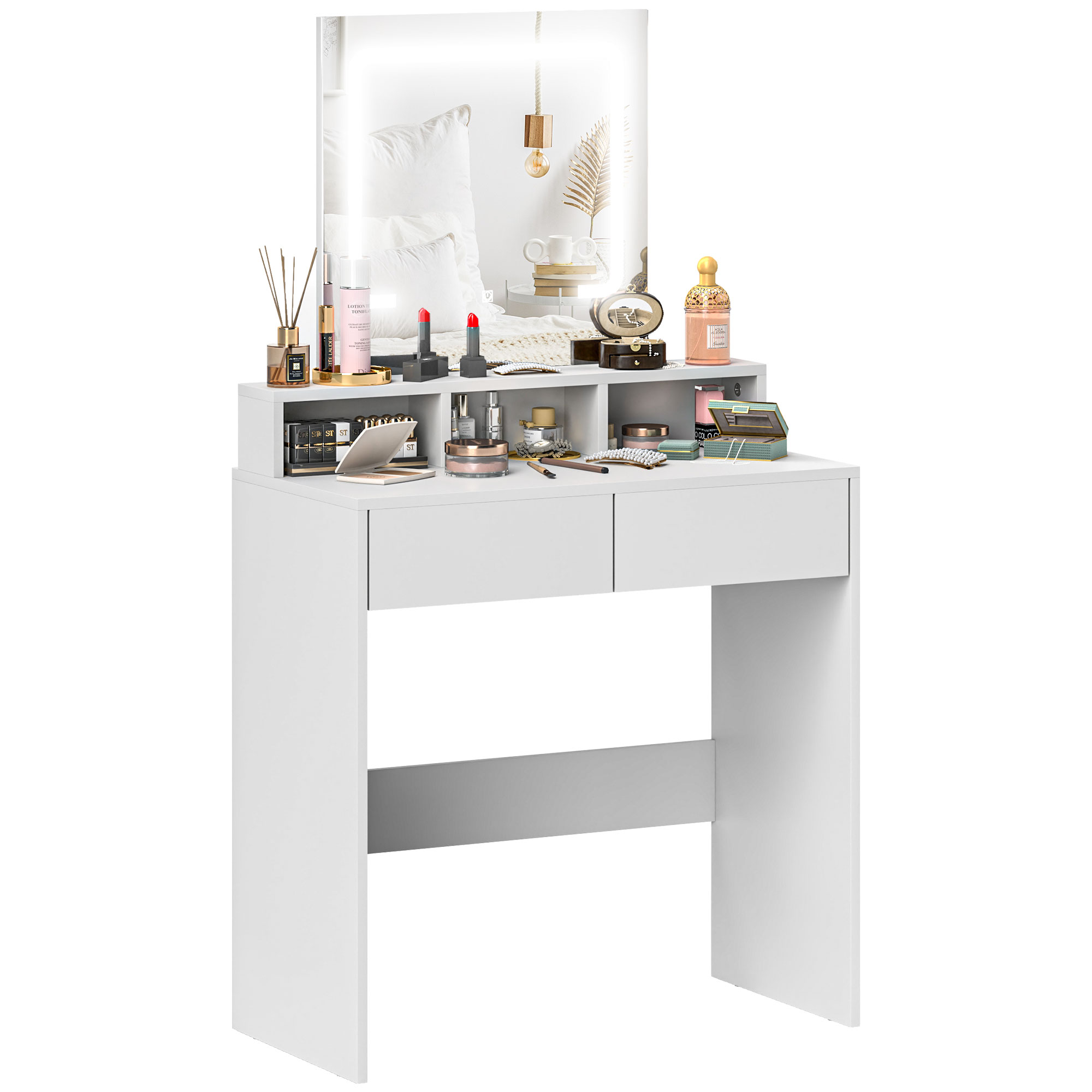 HERON Dressing Table with Mirror and LED Lights, Vanity Table with 2 Drawers, 3 Compartments, 3 Colour Lighting, White