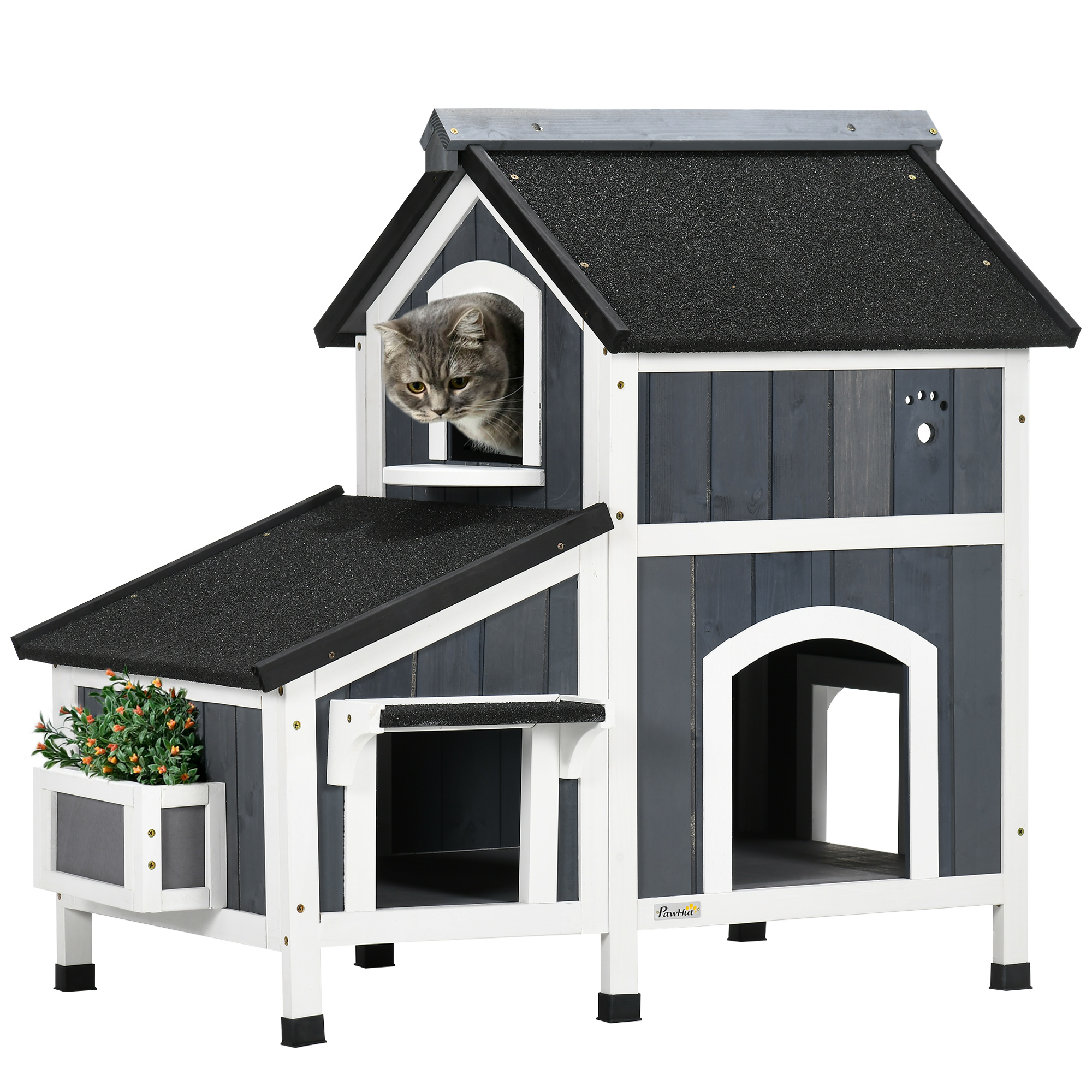 PawHutÂ WoodenÂ CatÂ HouseÂ OutdoorÂ with Flower Pot, 2 Tiers CatÂ ShelterÂ withÂ Window, MultipleÂ Entrances, Water-resistantÂ Roof, Grey
