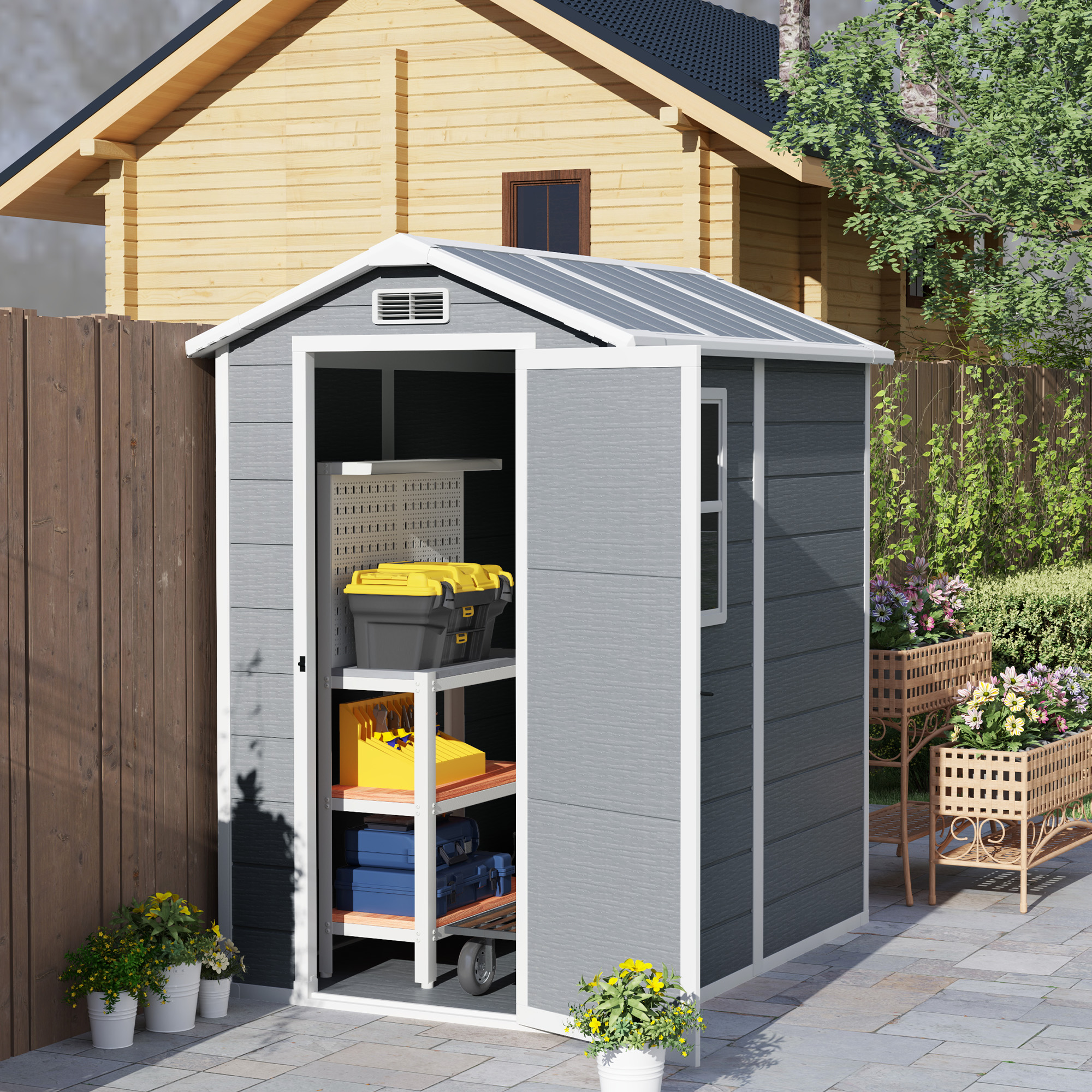 SUNVISTA 4 x 6ft Garden Shed, Plastic Shed with Floor, Window, Lockable Door and Vents, Grey