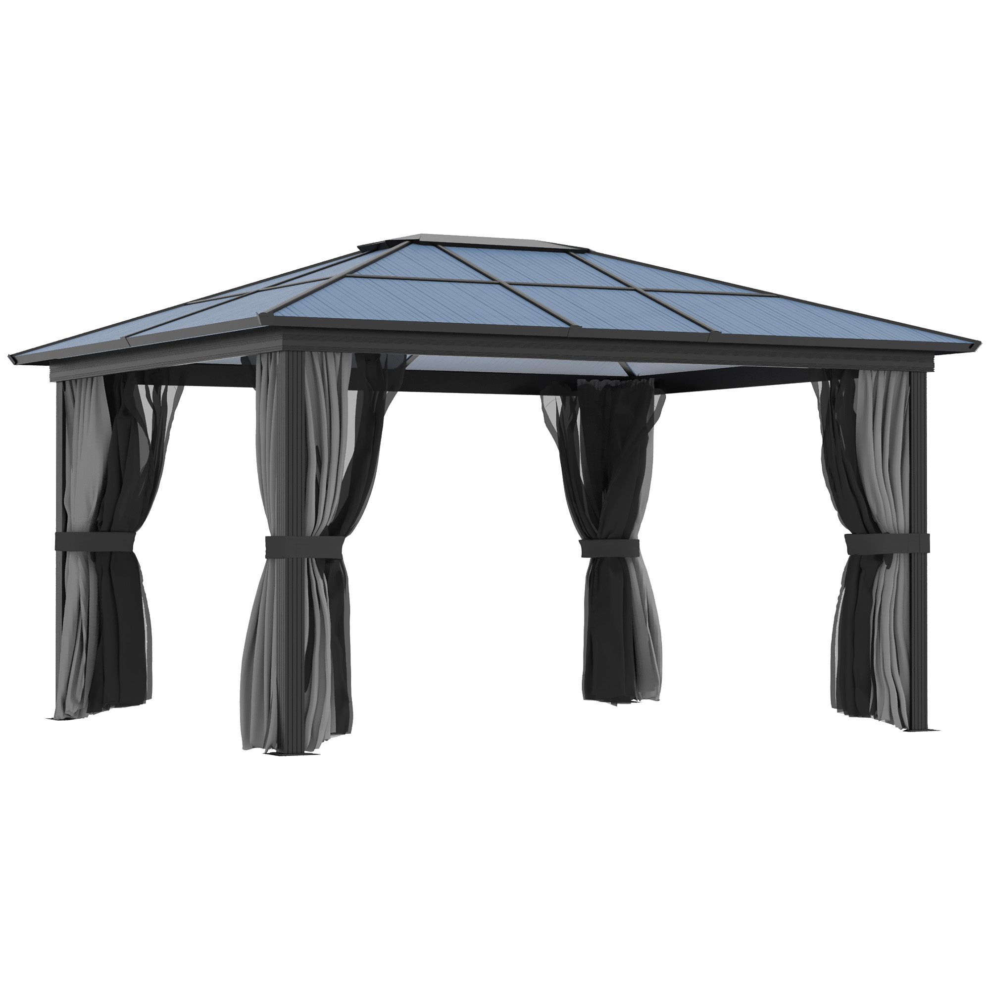 4 x 3.6m Hardtop Gazebo with UV Resistant Polycarbonate Roof & Aluminium Frame, Garden Pavilion with Mosquito Netting and Curtains