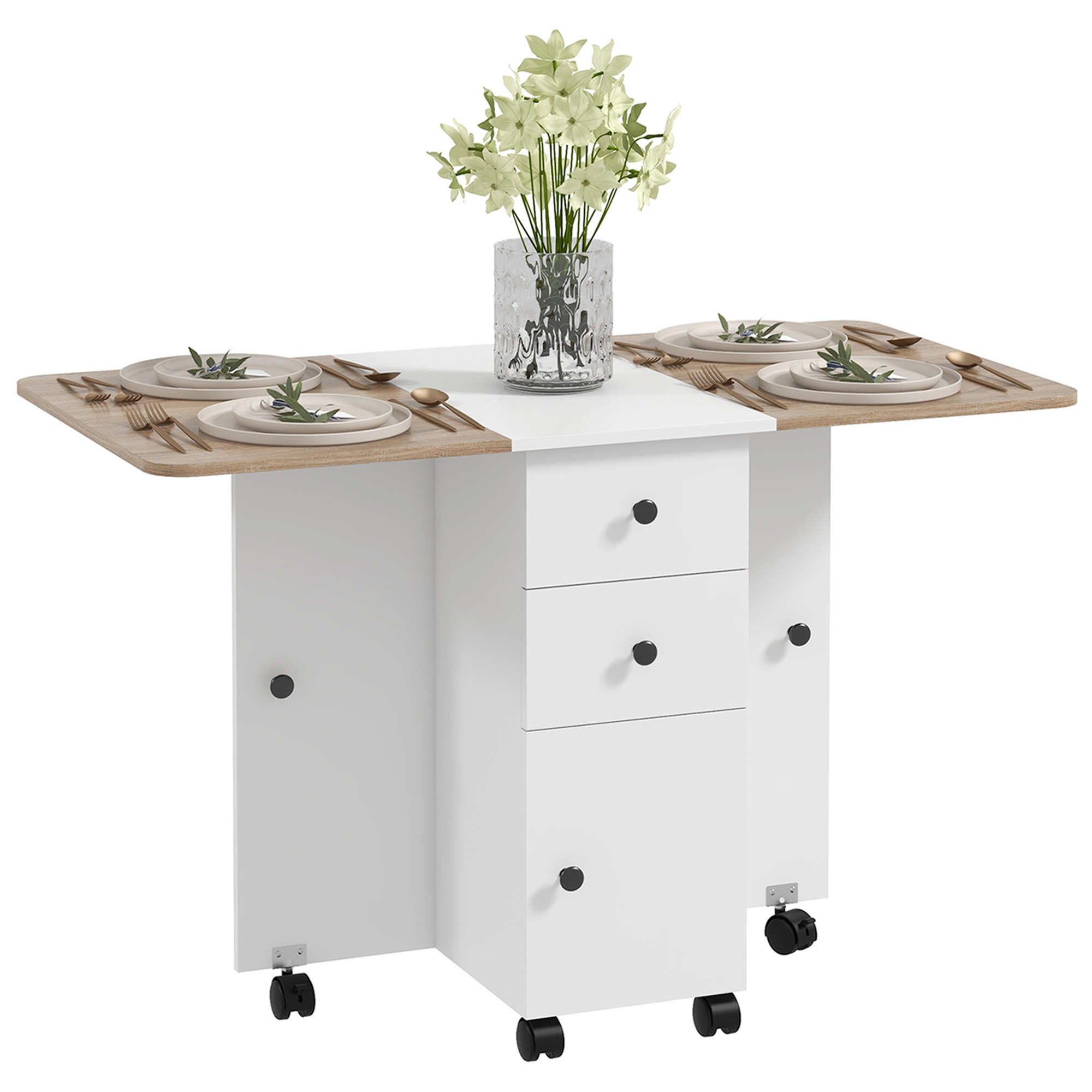 HERON Multi-Storage Six-Person Drop Leaf Dining Table - Oak and White