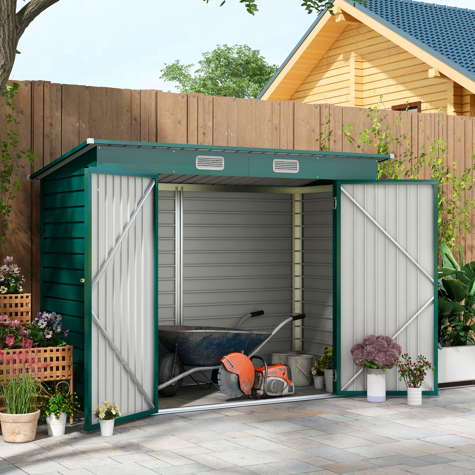 Galvanised Steel Garden Shed with Latched Door and Padlock - Green