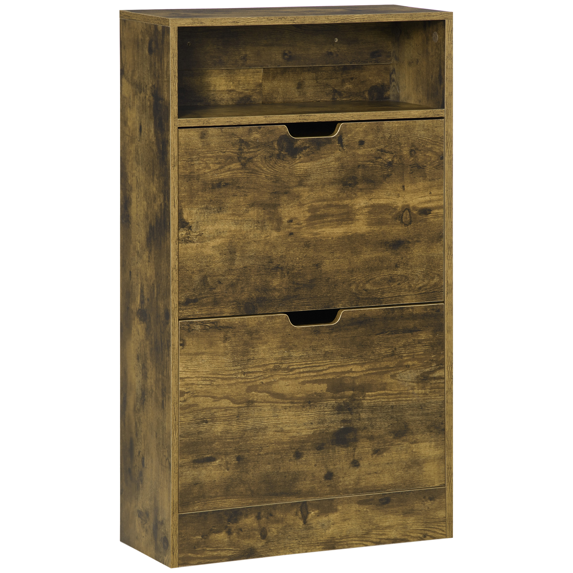 Shoe Cabinet with 2 Flip Doors, Slim 2-Drawer Shoe Cupboard with Adjustable Divider and Open Compartment, Entryway Storage Unit, Rustic Brown