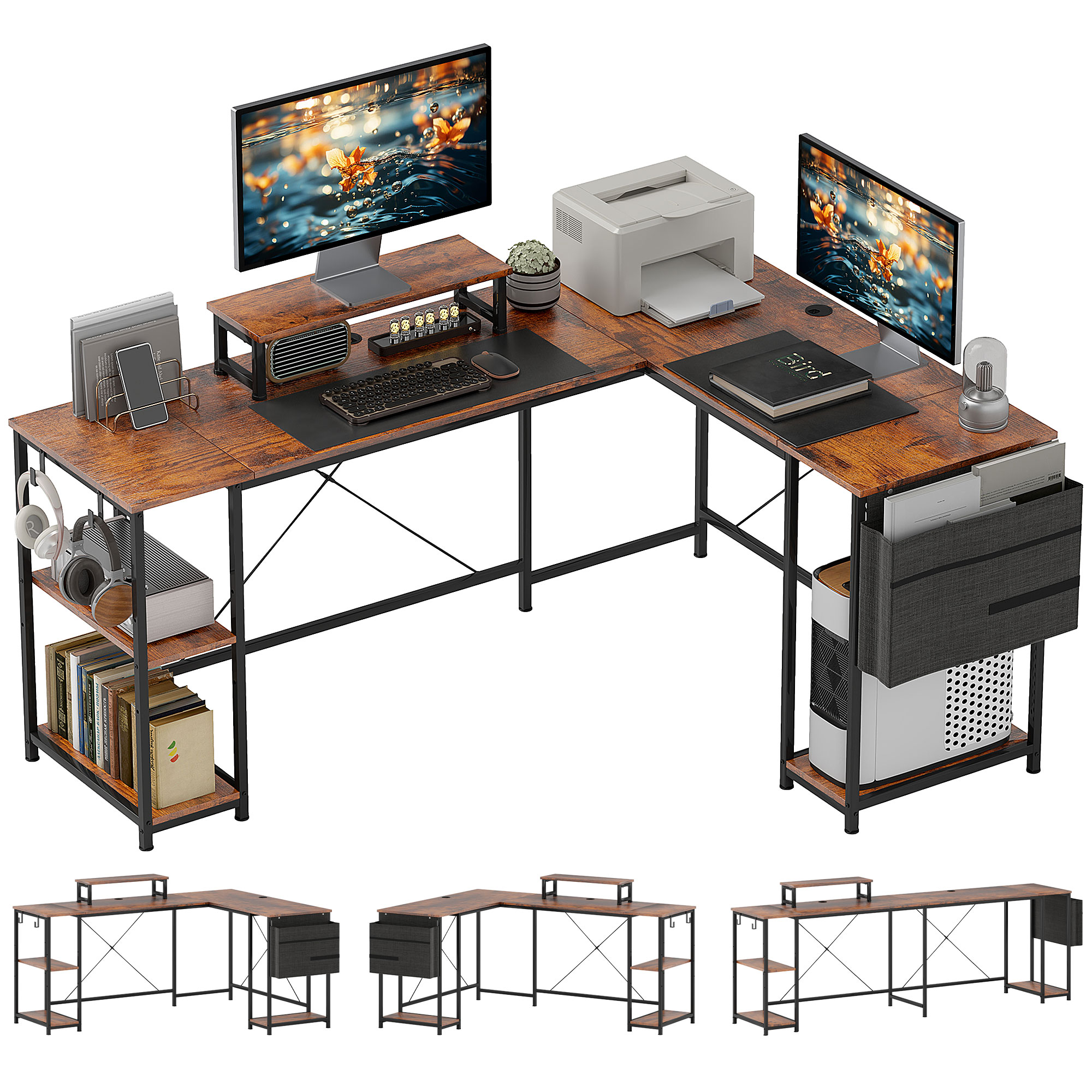 HERON 168cm Reversible L Shaped Desk, Rustic Brown