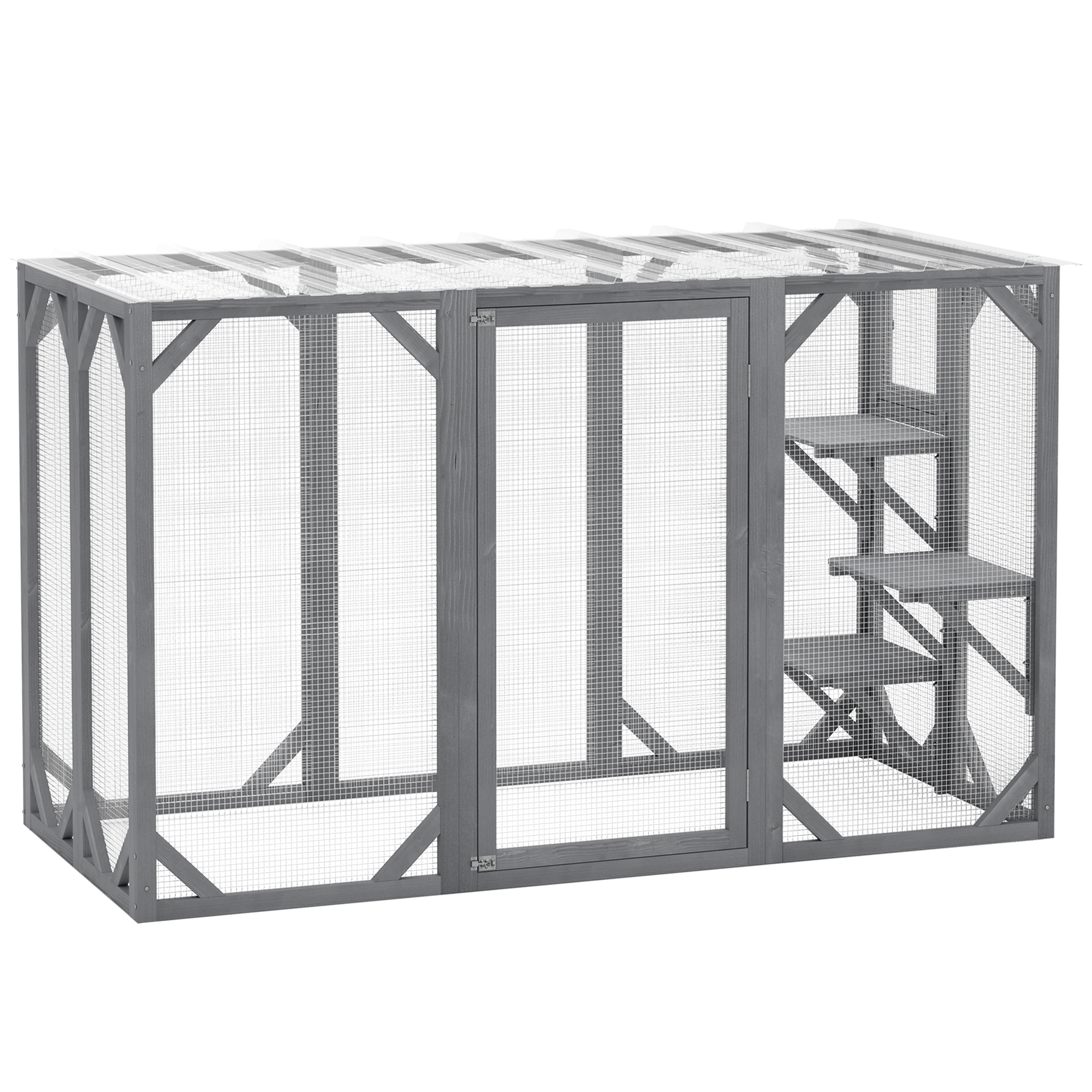 PAWSTER 71" Outdoor Wooden Cat House with 3 Platforms, Large Door and Weatherproof Roof, for Multiple Cats, Grey