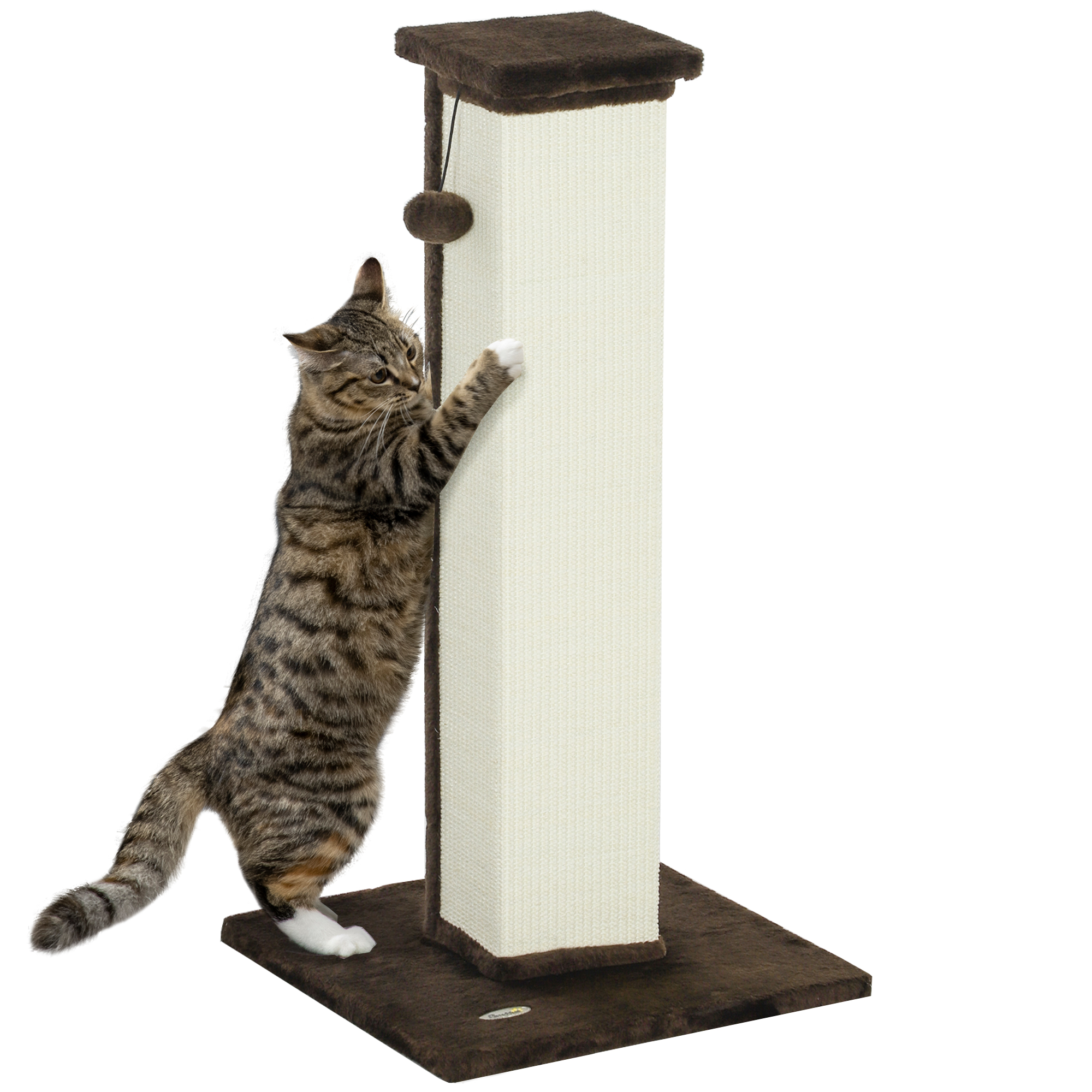PAWSTER 81cm Cat Scratcher, Vertical Full Scratcher w/ Natural Sisal Rope, Hanging Ball, Soft Plush - Brown