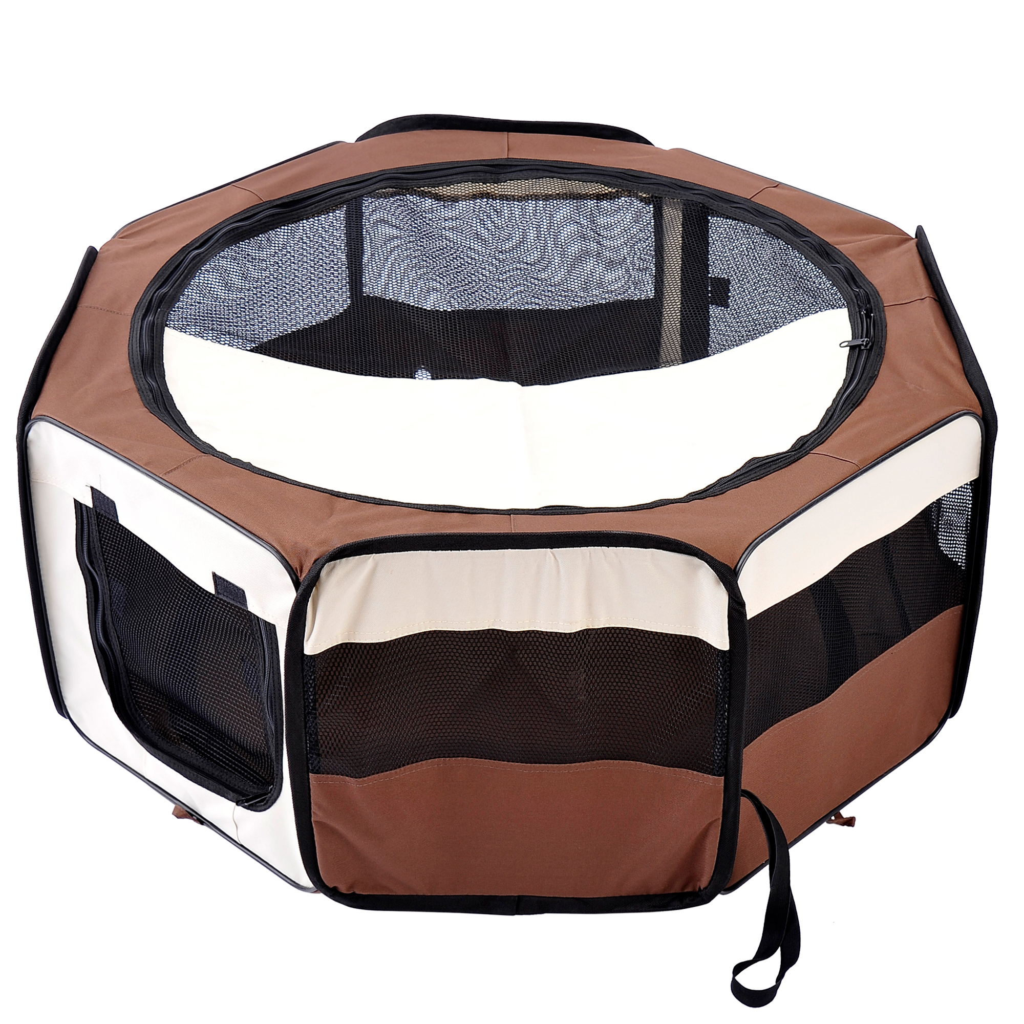 Fabric Pet Puppy Dog Cat Rabbit Pig Guinea Playpen Play Pen Run Dia90 x 41H cm Brown and Cream