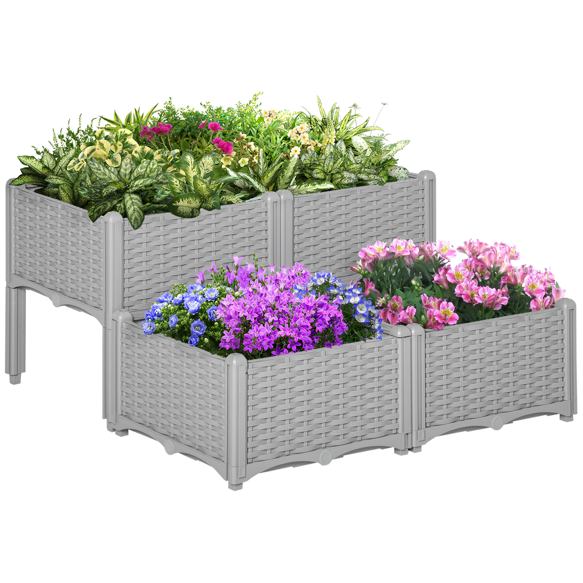 Set of 4 Garden Raised Bed Elevated Patio Flower Plant Planter Box PP Vegetables Planting Container, Grey