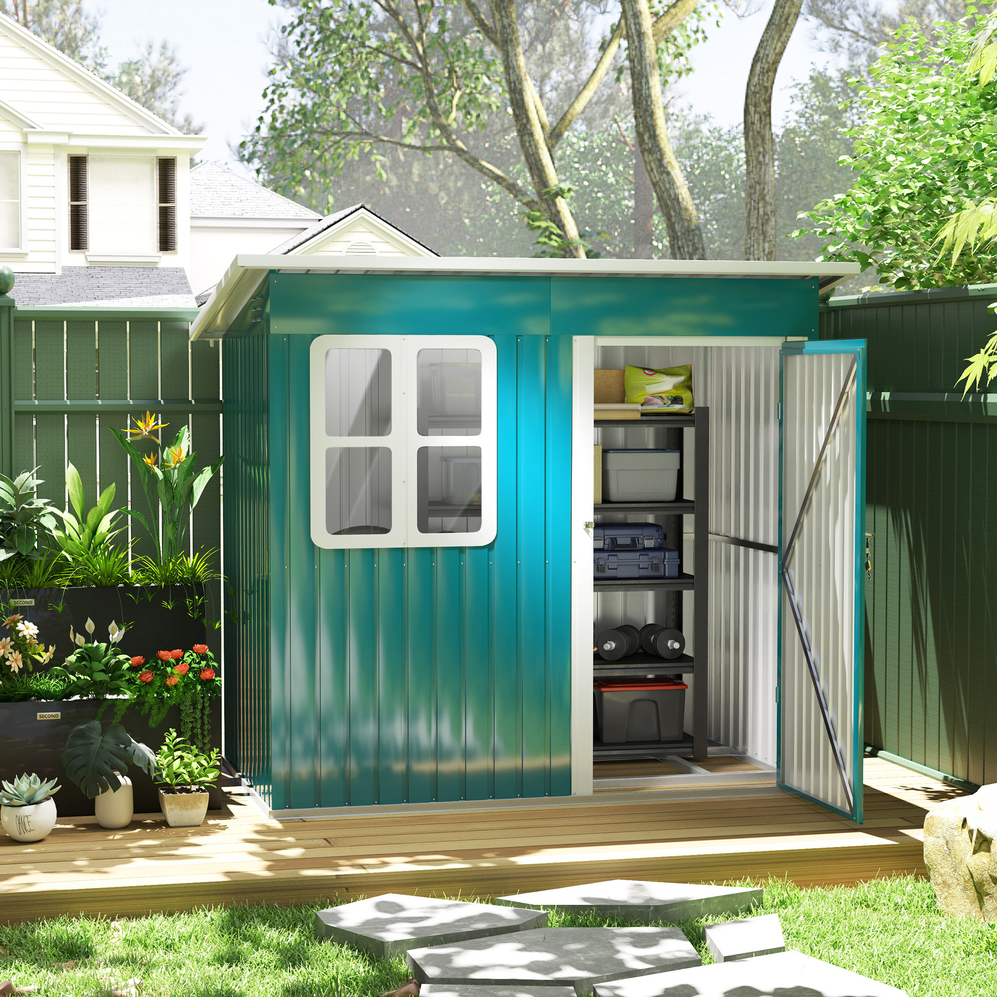 SUNVISTA 7 x 4ft Galvanised Steel Garden Shed, with Lock and Gloves - Green