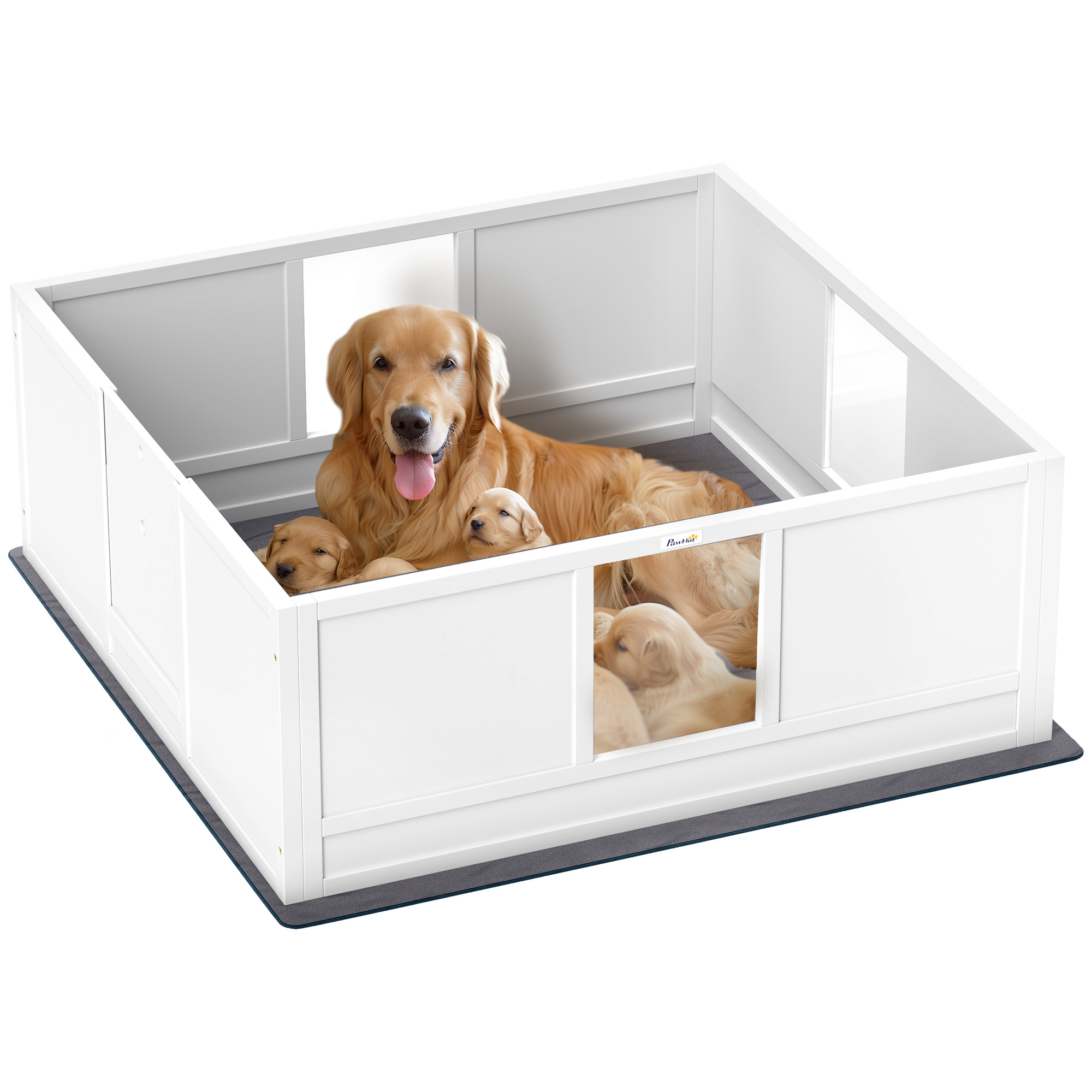 PAWSTER Whelping Box for Dogs with Whelping Pad, Adjustable Entrance, Non-slip Foot Pads, for Large Dogs, 124 x 120cm