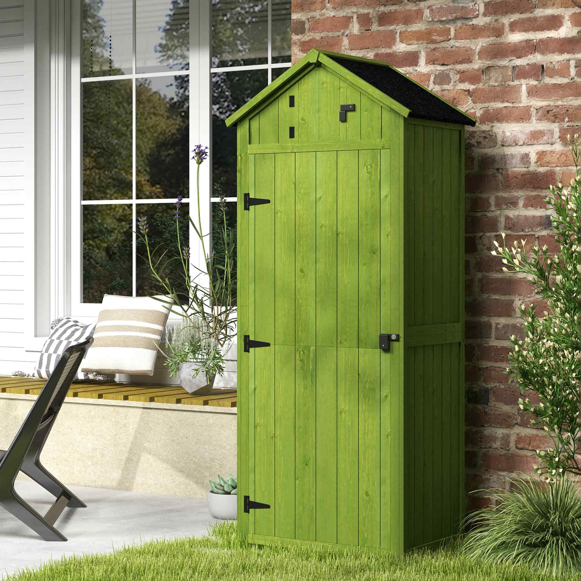 Garden Shed Vertical Utility 3 Shelves Shed Wood Outdoor Garden Tool Storage Unit Storage Cabinet, 77 x 54.2 x 179cm - Green