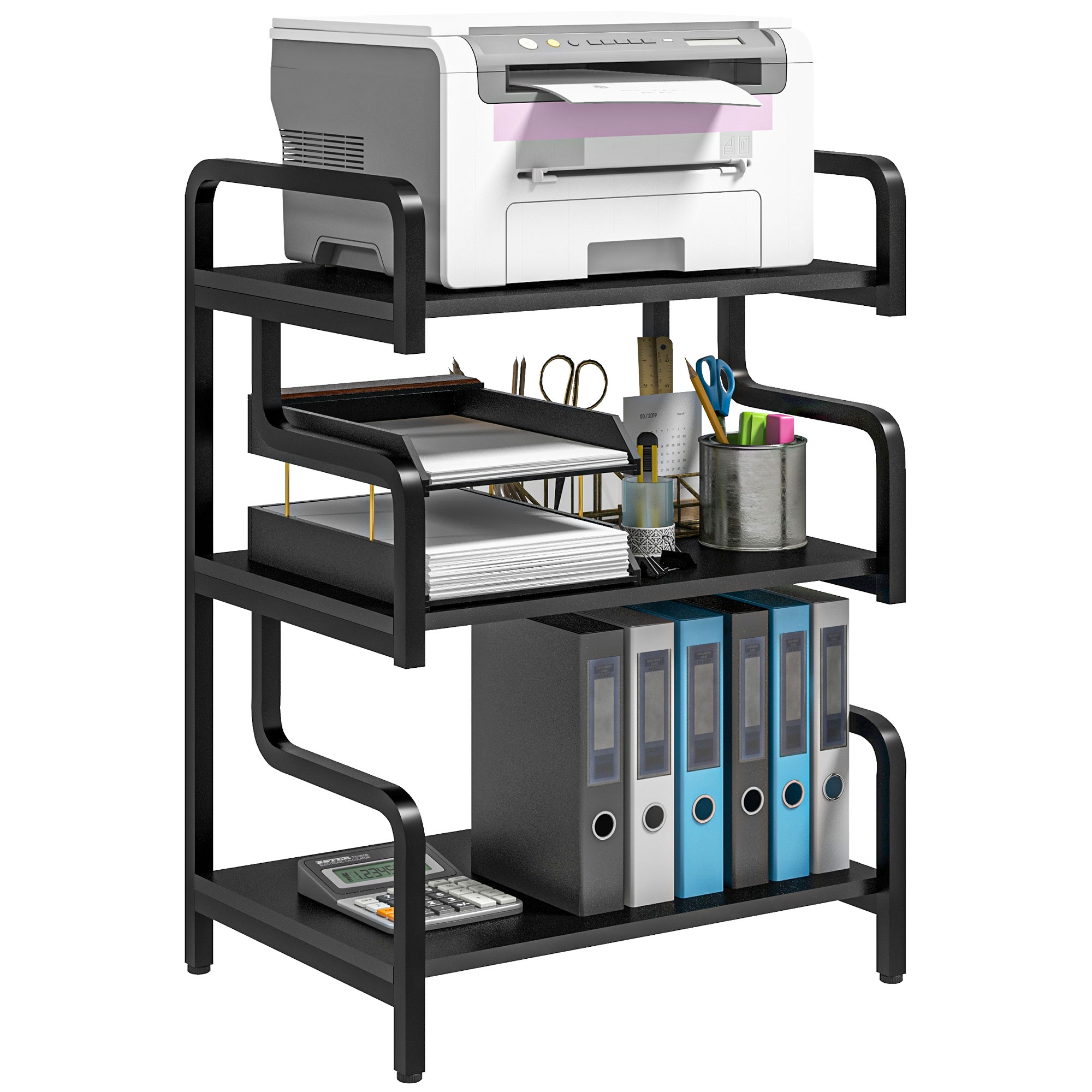 3-Tier Storage Shelves, Metal Shelving Unit, Industrial Printer Table for Home Office, Display Rack for Living Room, Black