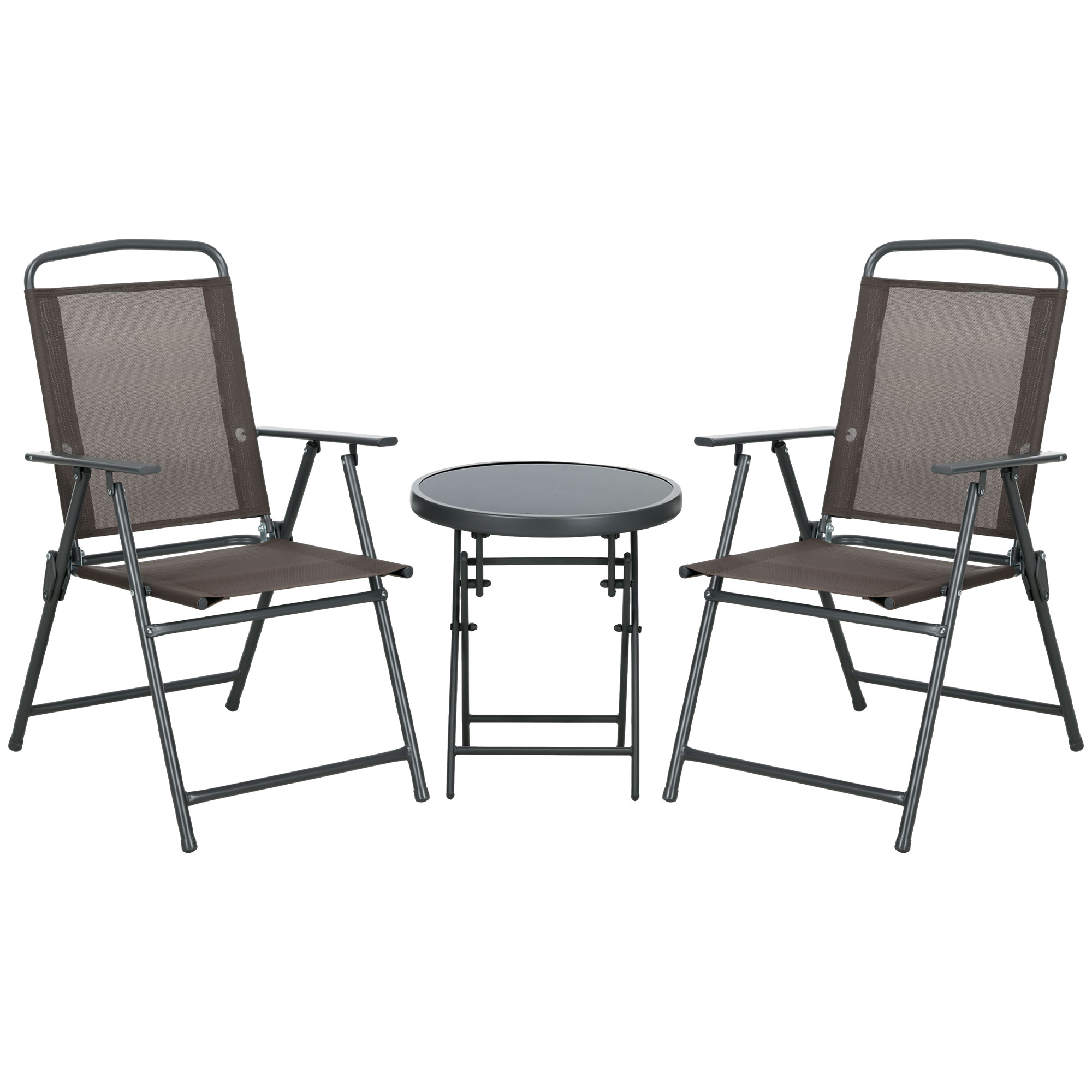 3 Pcs Garden Table and Chairs, Outdoor Bistro Set, Patio Conversation Furniture Set w/ Foldable Armchairs & Glass Top Coffee Table, Brown