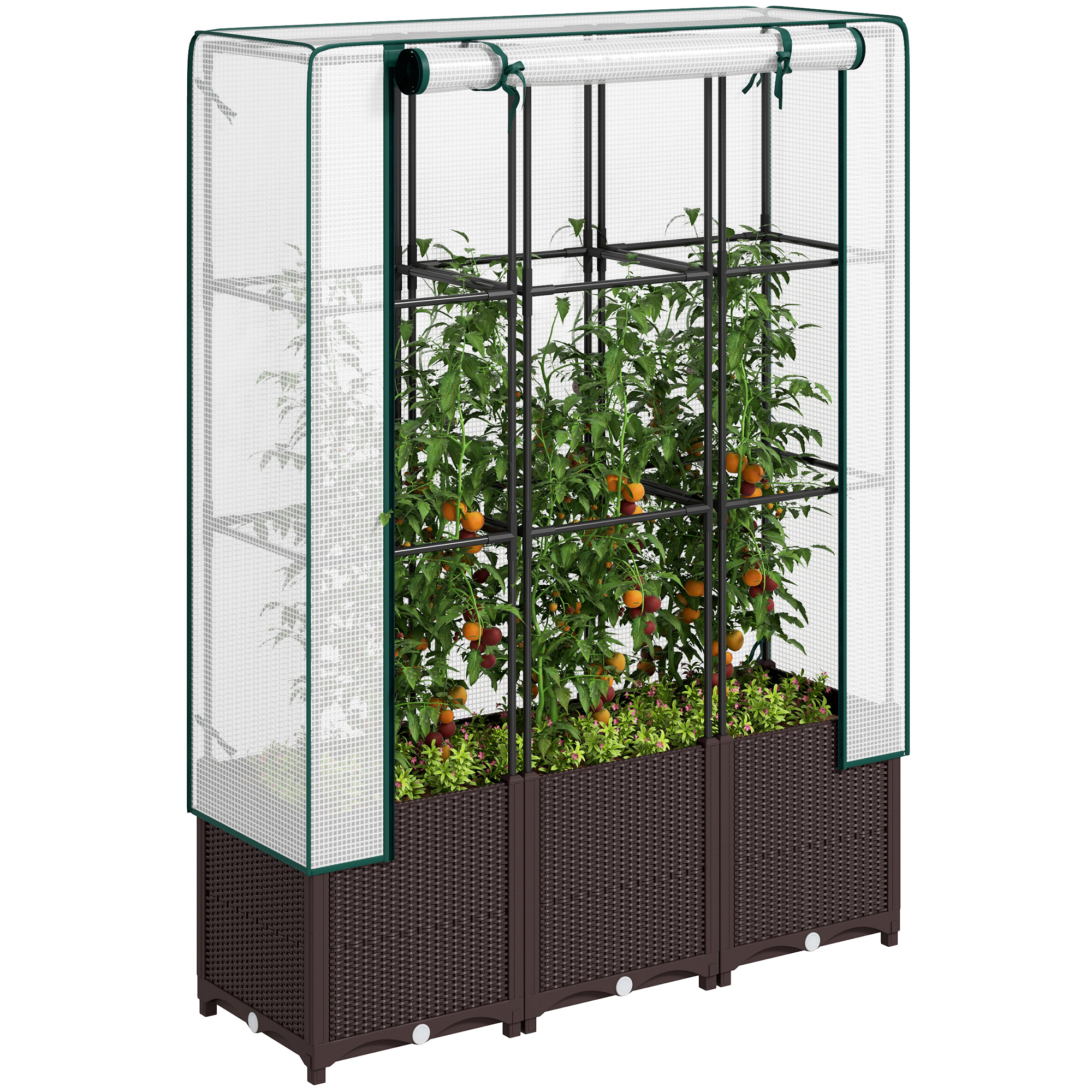 SUNVISTA Raised Garden Bed with Trellis, Plastic Planter Box with Drainage Holes and Drain Plugs for Climbing Plants, 120 x 40 x 140 cm