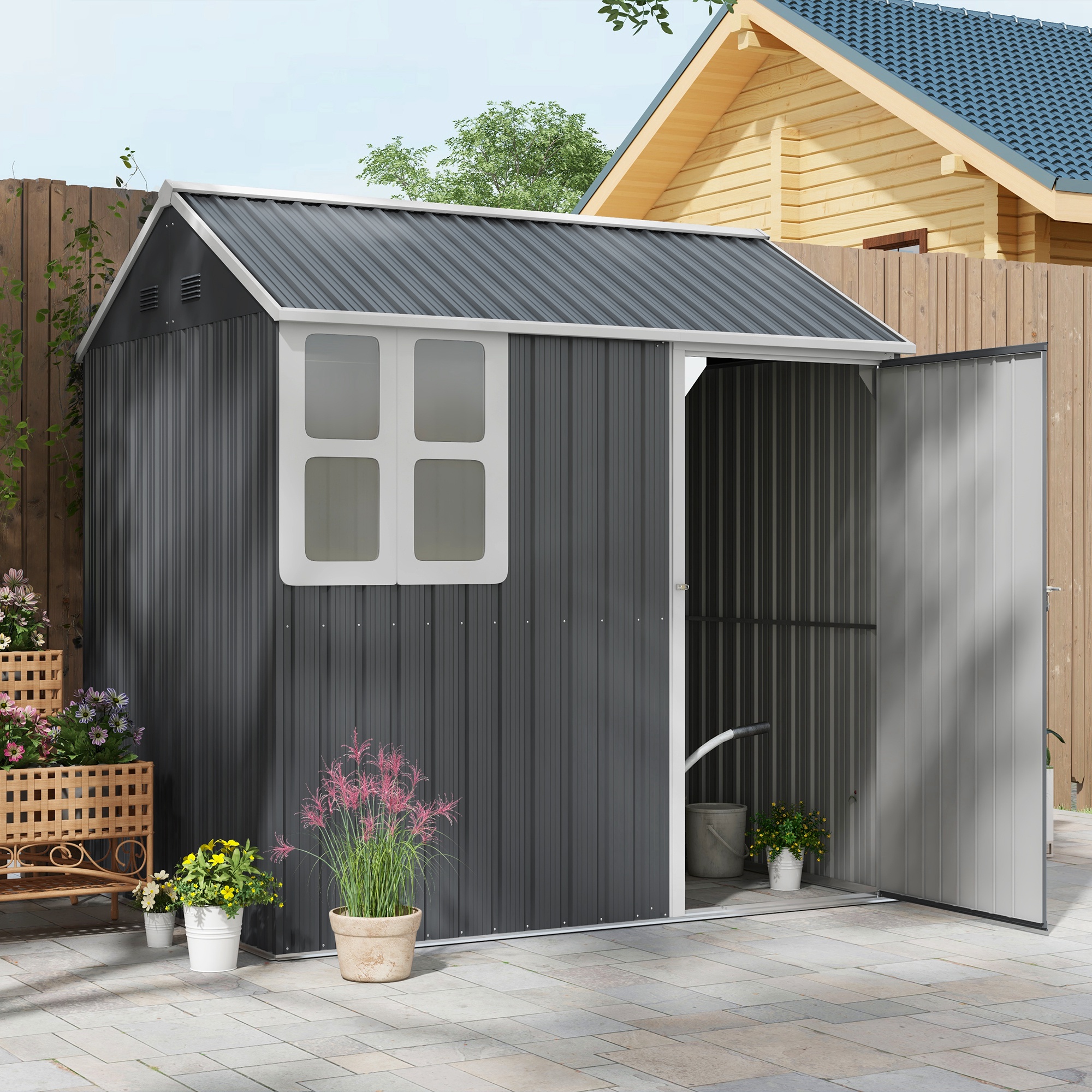 SUNVISTA 7 x 6ft Galvanised Garden Shed, with Latch - Dark Grey