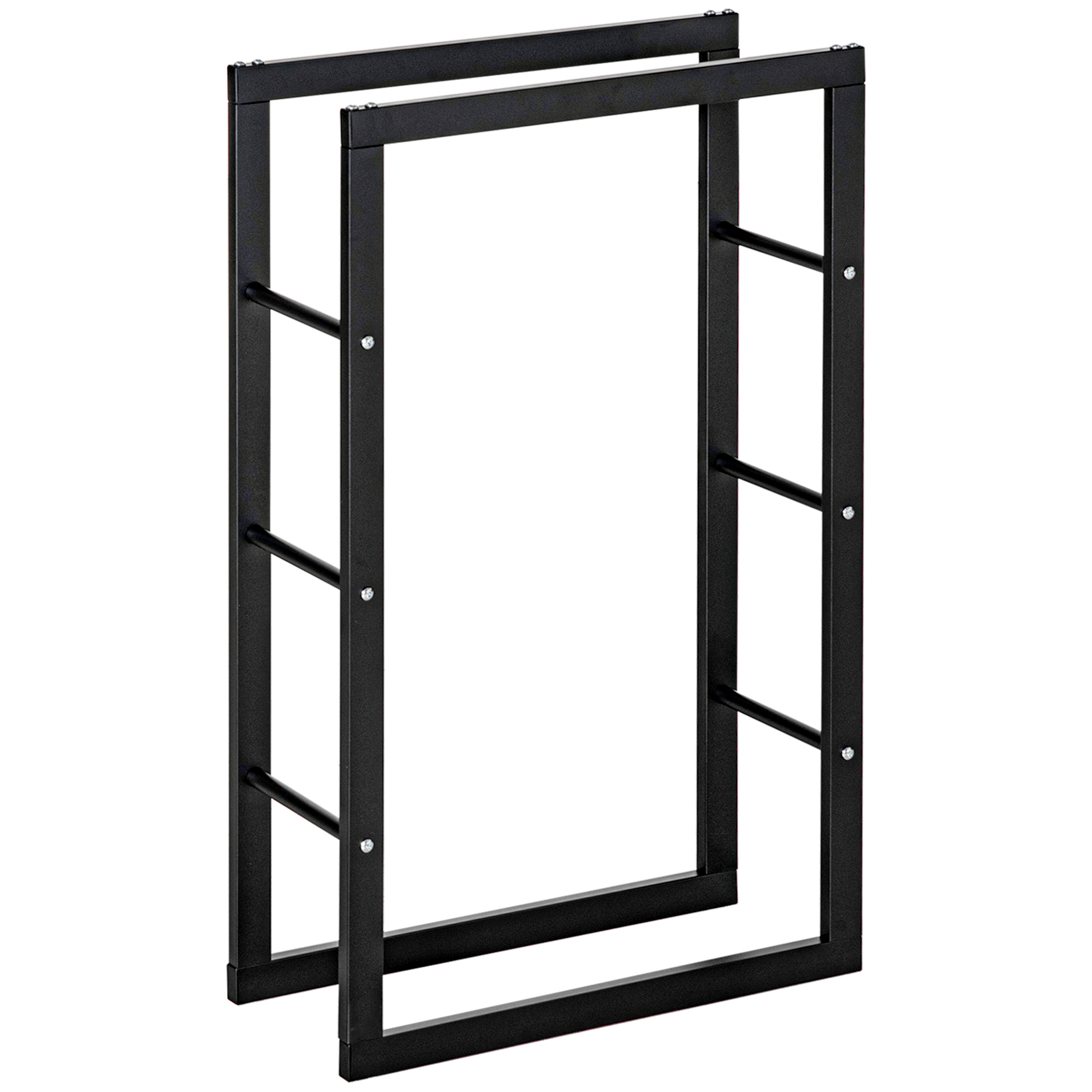 Outdoor Metal Firewood Log Holder Tall Indoor Rack with Shelf, Side Rails, Rust Resistant - Black