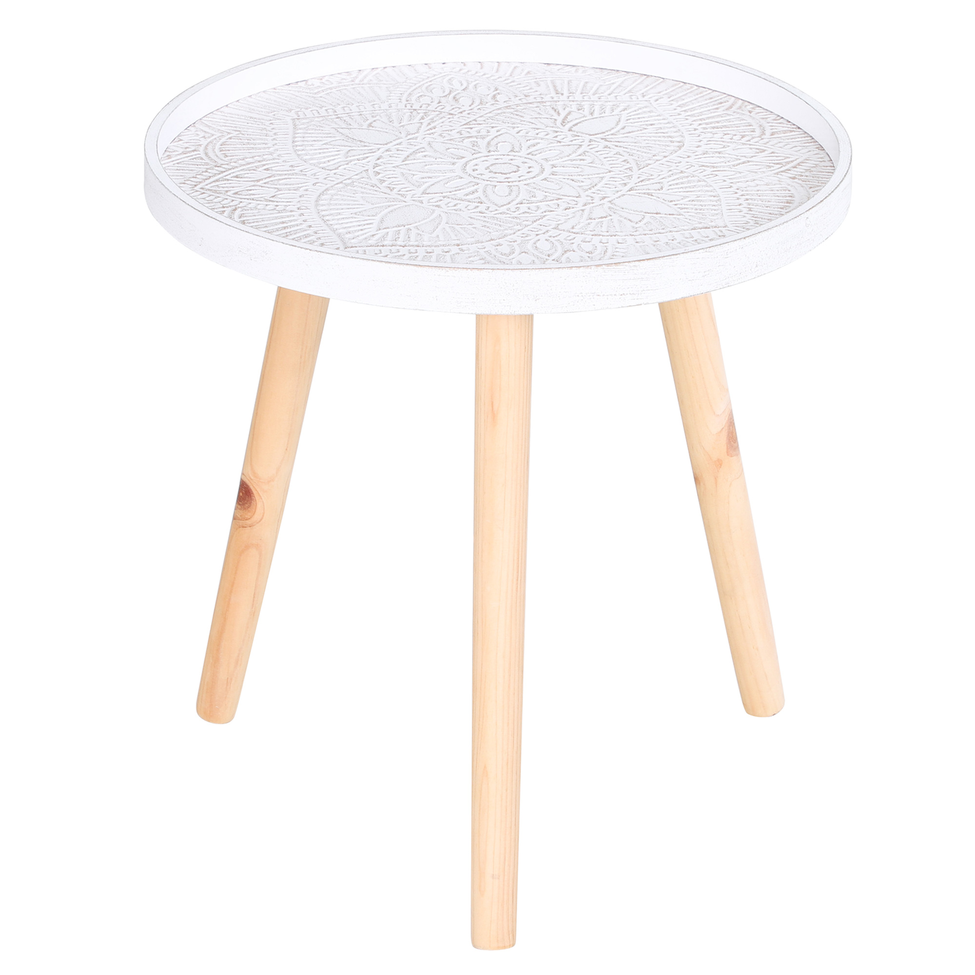 Flower Eteched Side Table w/Saucer Top Wood Legs Living Room Bedroom Furniture Coffee End Table Display Decoration Elegant - White