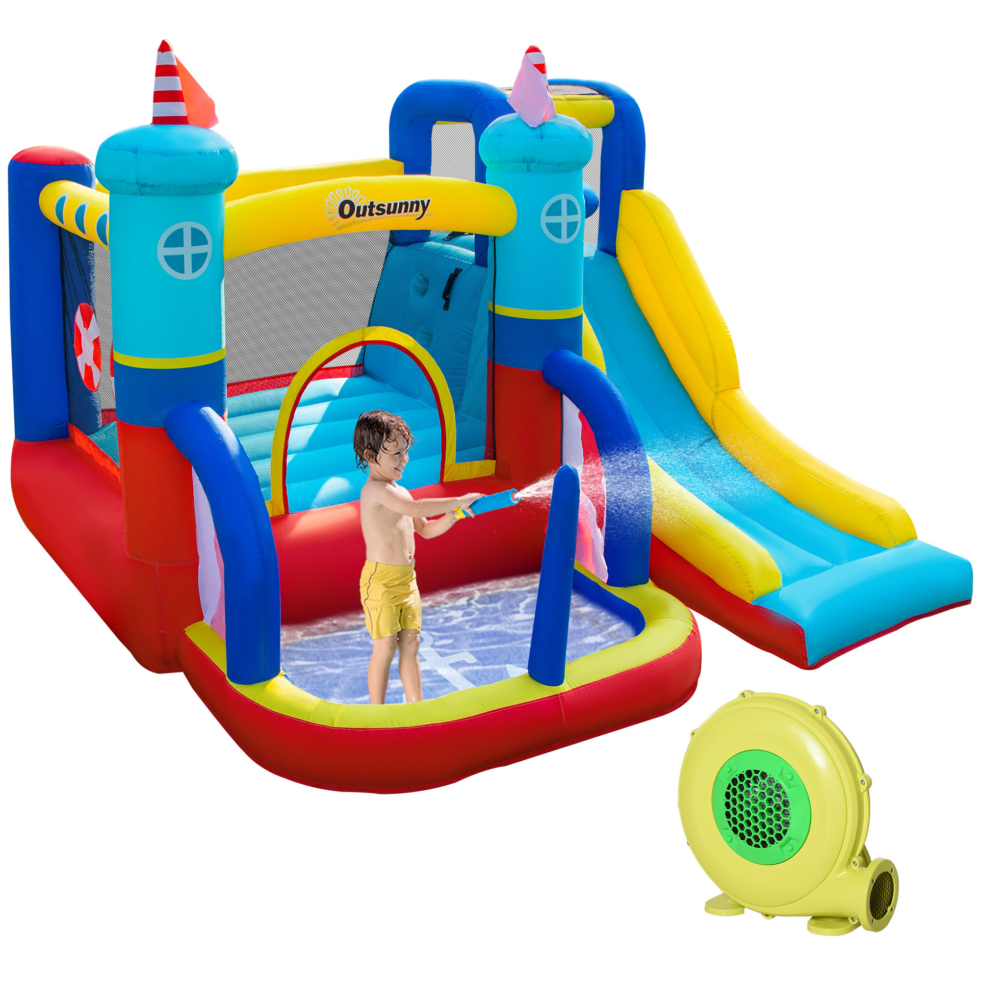 4 in 1 Kids Bounce Castle Large Sailboat Style Inflatable House Slide Trampoline Water Pool Climbing Wall for Kids Age 3-8, 2.65 x 2.6 x 2m