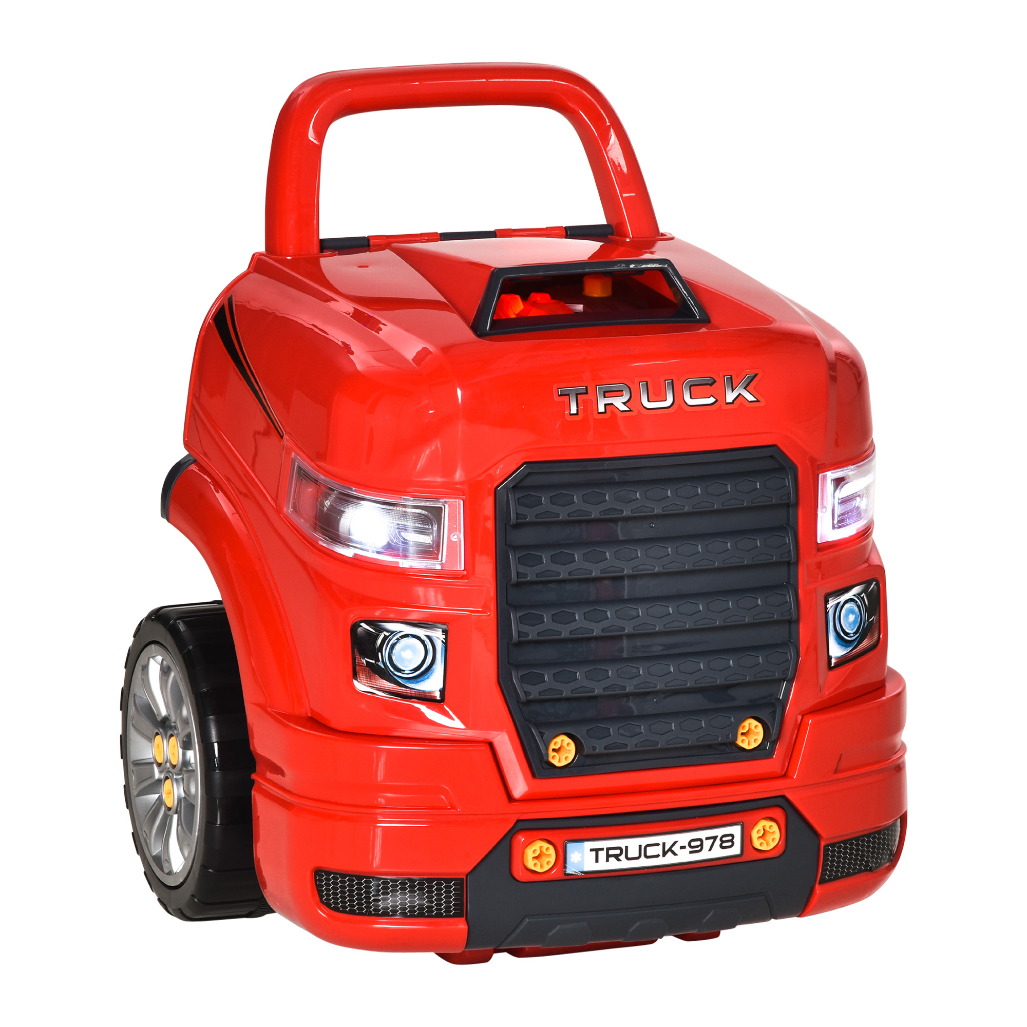 Kids Truck Engine Toy Set, Toddler Educational Car Service Station Playset, Take Apart Workshop, w/ RC Car Key, Light, for 3-5 Years Old Red