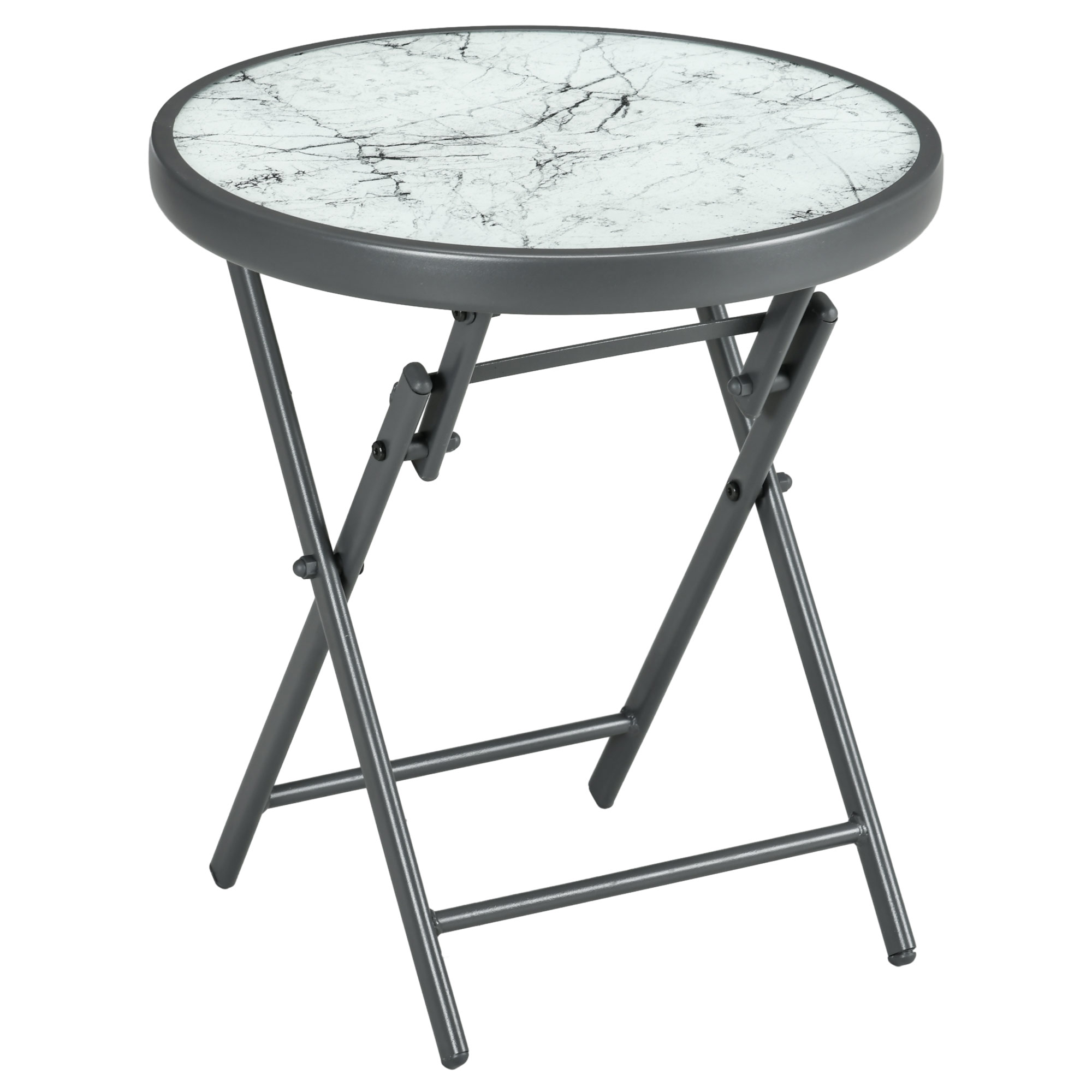 Outdoor Side Table, Round Folding Patio Table with Imitation Marble Glass Top, Small Coffee Table, White