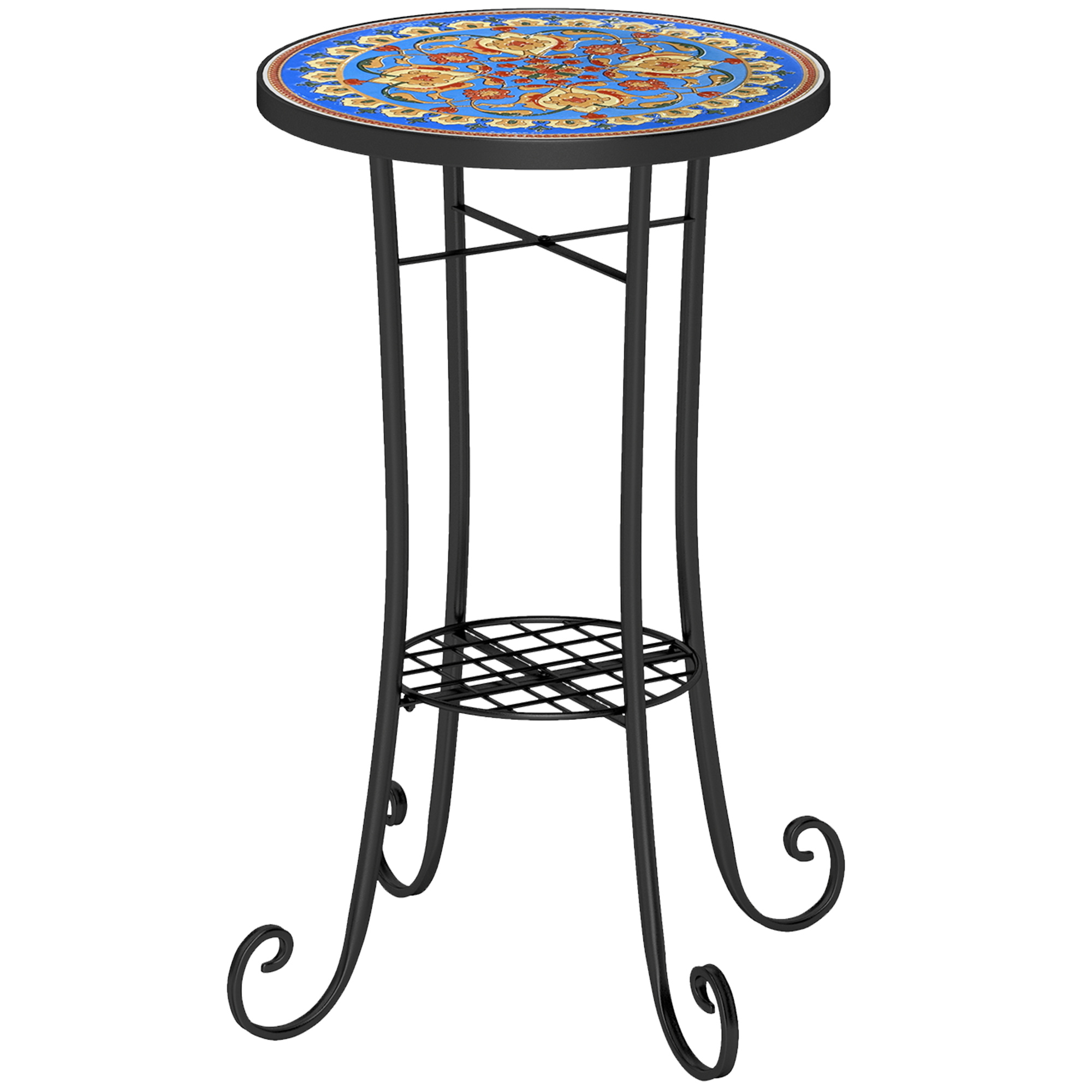 SUNVISTA Mosaic Garden Table, 35.5 cm Round Outdoor Table with Shelf, Ceramic Tile Top, Small Garden Side Table Bistro Table, Blue