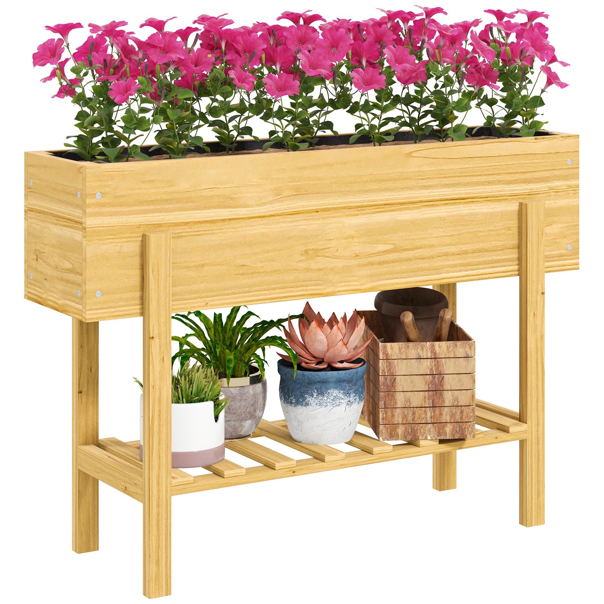 SUNVISTA Wooden Raised Garden Bed, 100x30x71cm Elevated Planter Box with Drainage, Storage Shelf, Natural Wood