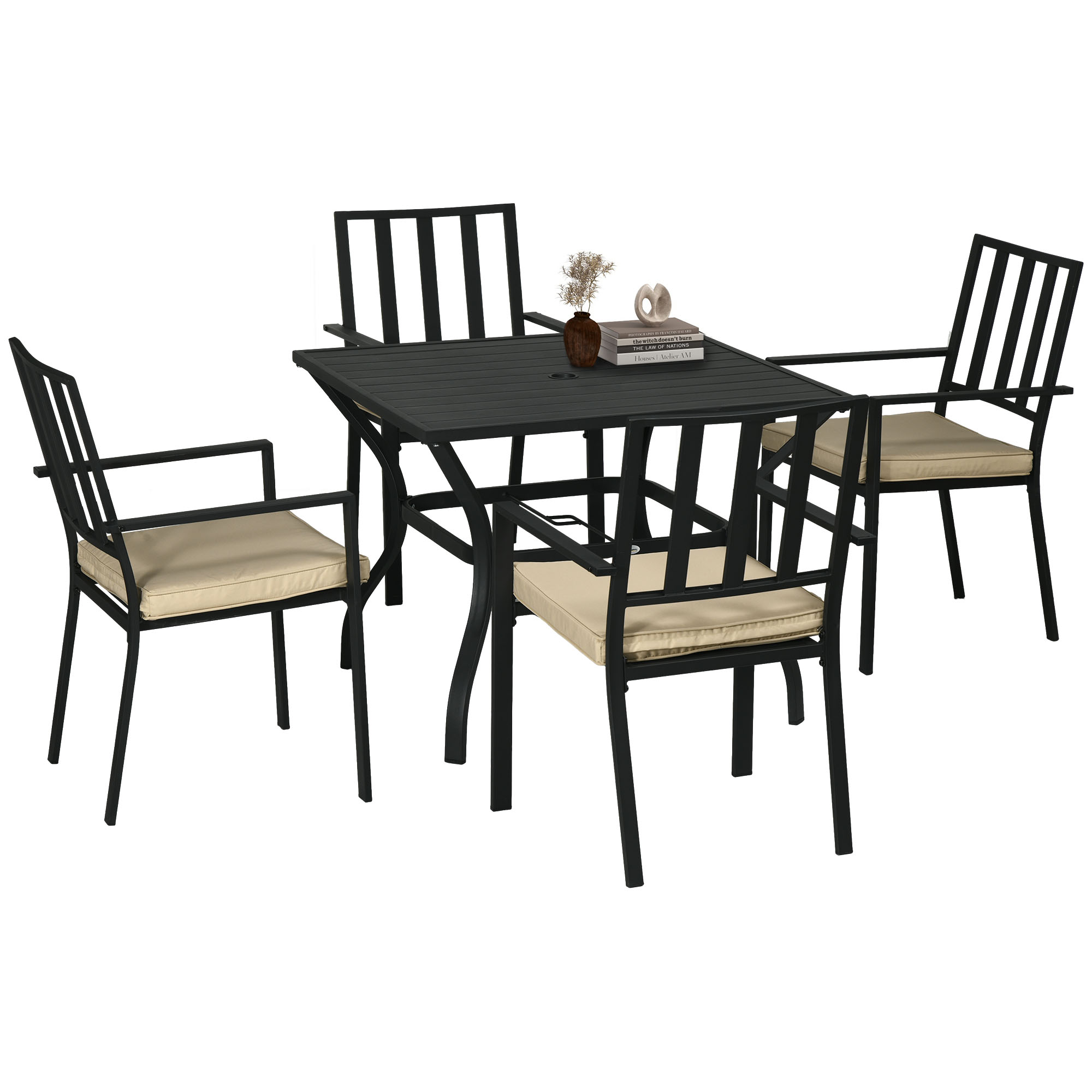 5 Pieces Garden Dining Set with Cushions, Outdoor Table and 4 Stackable Chairs, Metal Top Table with Umbrella Hole, Black