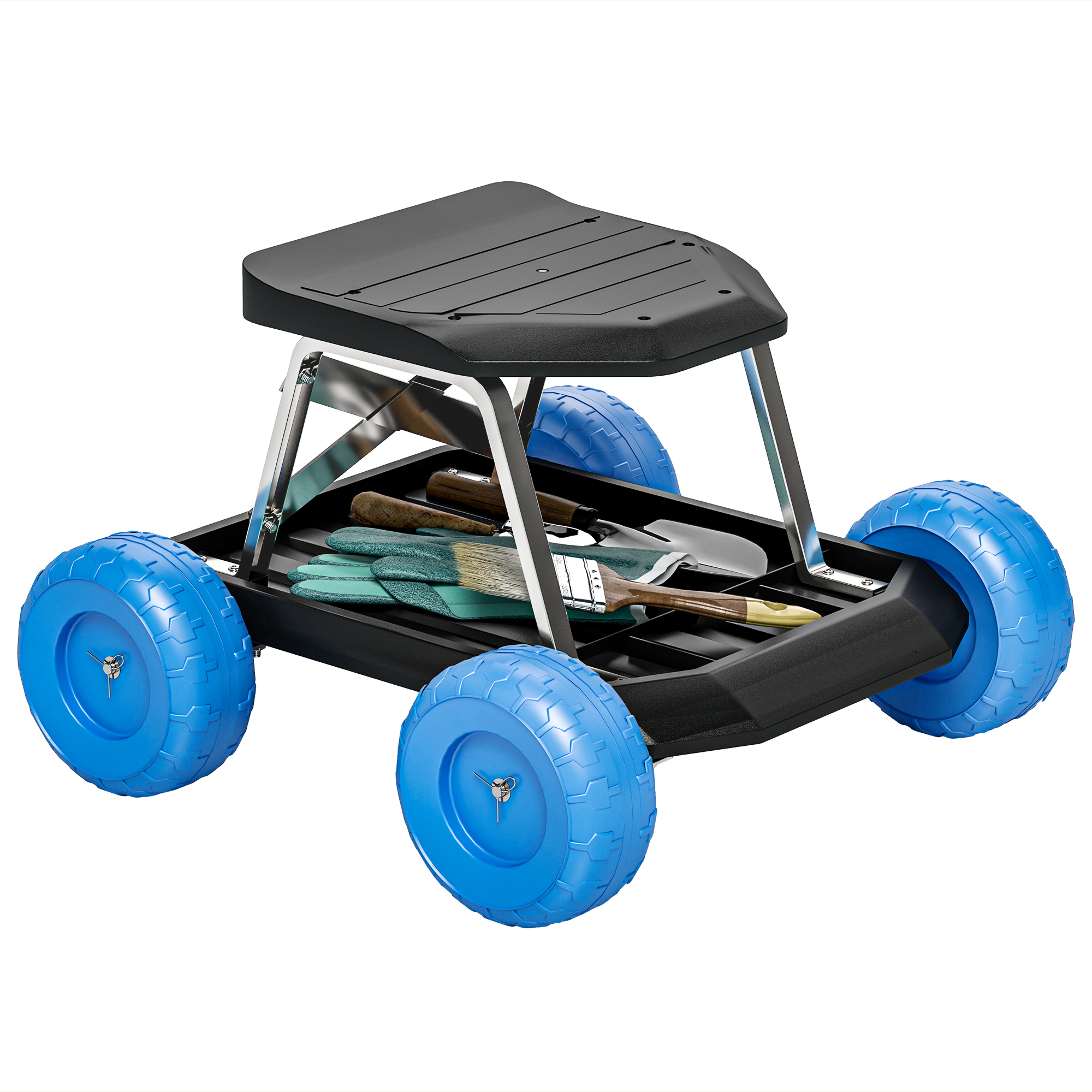 SUNVISTA Garden Cart with Wheels, Garden Stool Trolley with Tool Tray, Rolling Garden Seat for Weeding, Planting, Blue