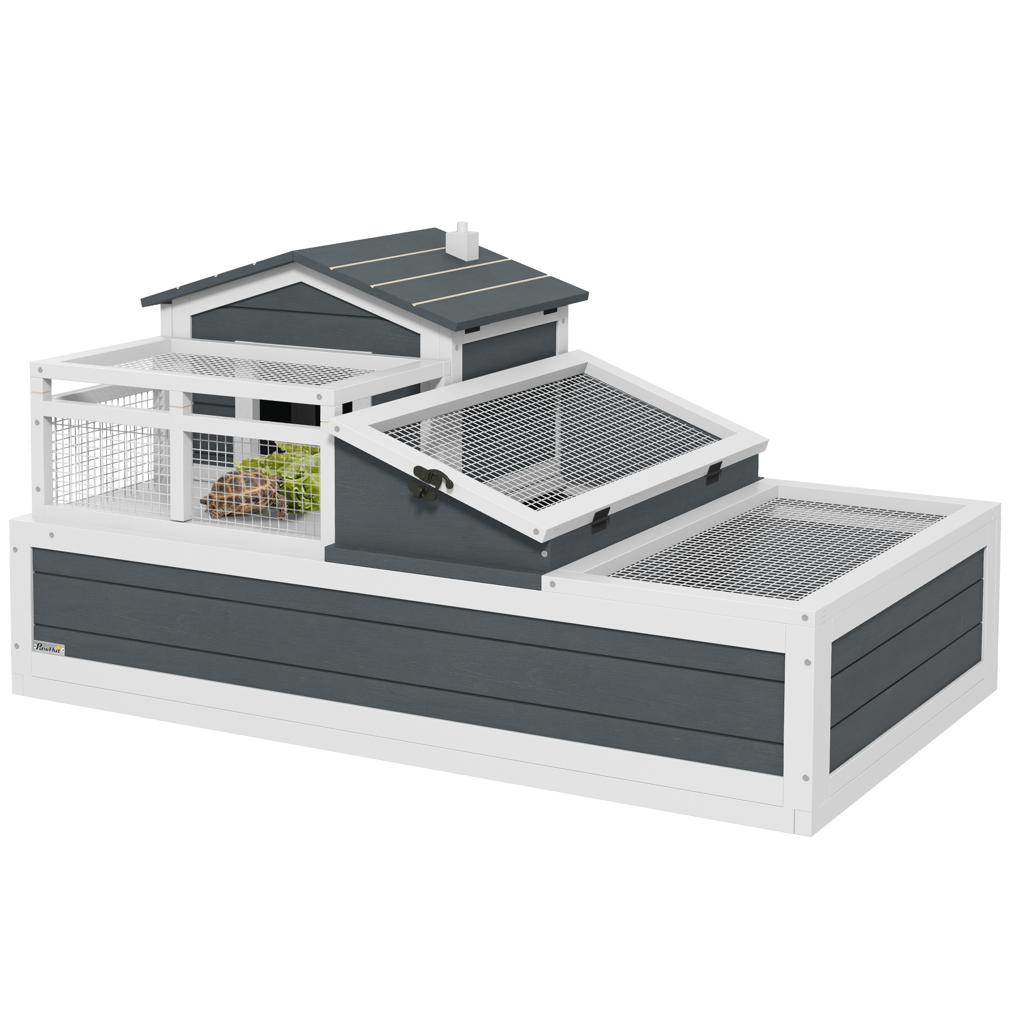 PAWSTER Tortoise House 3-Room with 2 Stories, Ladder, Balcony, Tray, Openable Roof, 59H x 112L x 65Wcm, Grey