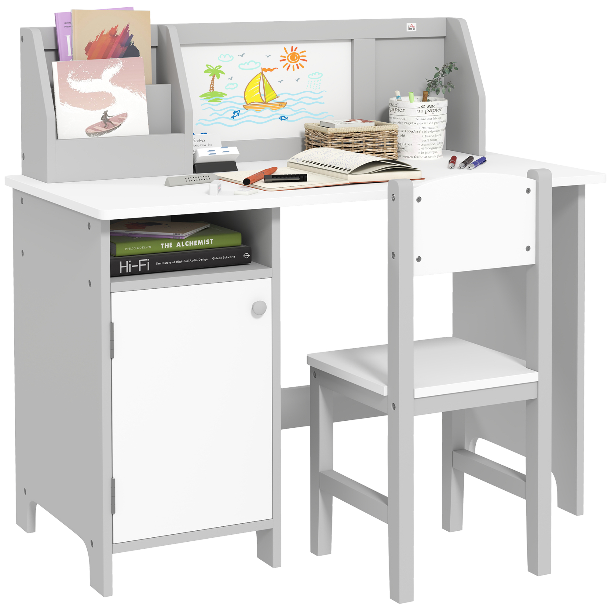 Kids Table and Chair Set with Whiteboard - Grey