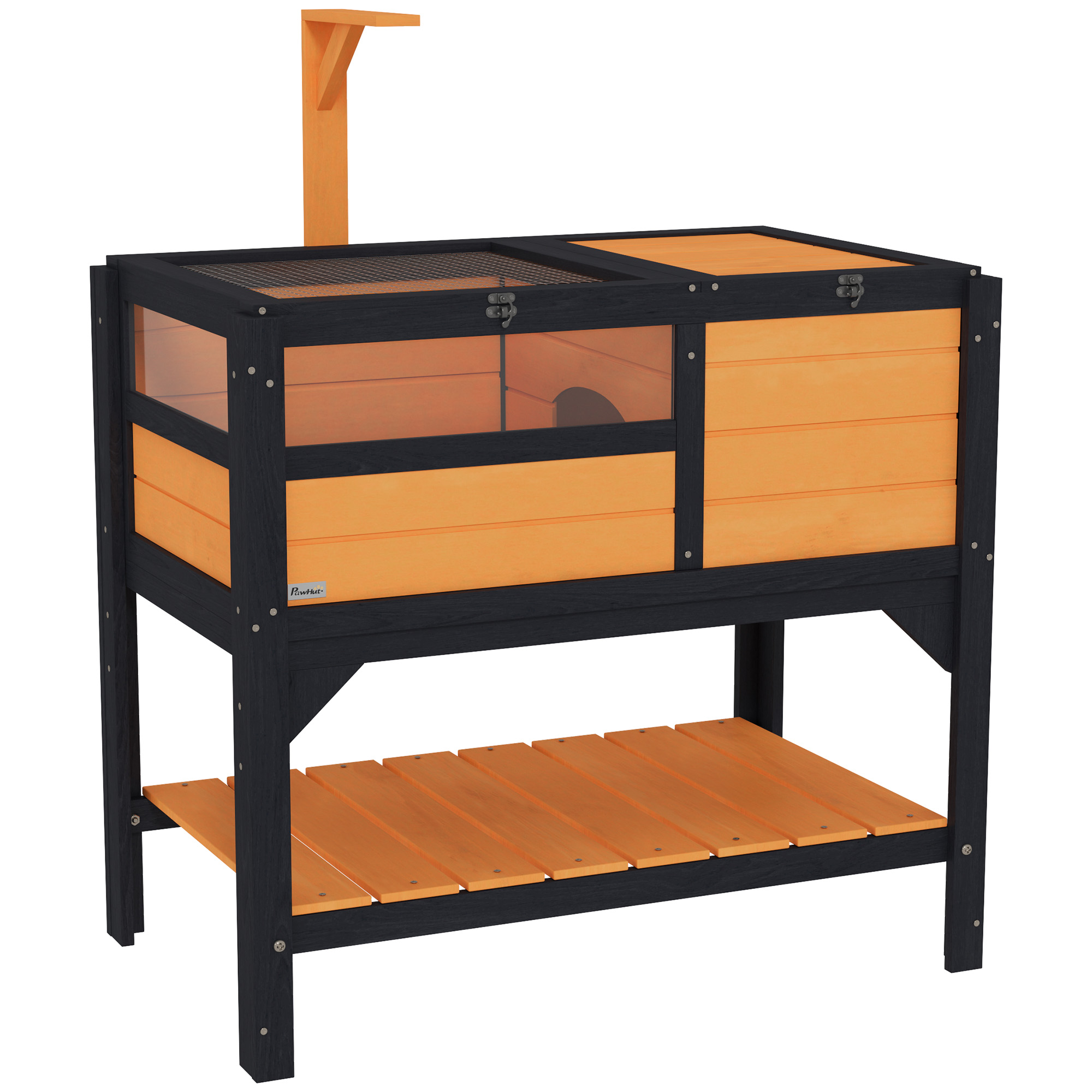 PAWSTER Wooden Tortoise House, with Shelter, Run, Shelf, Lamp Holder, Tray, Yellow