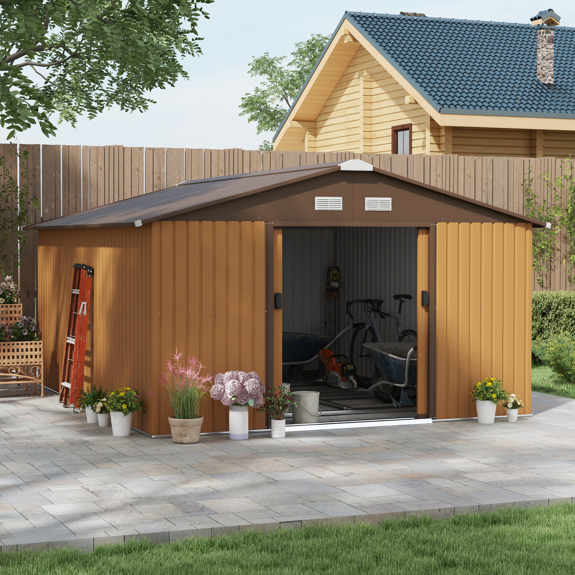 13 x 11 ft Metal Garden Shed Large Patio Roofed Tool Storage Box with Foundation Ventilation and Sliding Doors, Yellow