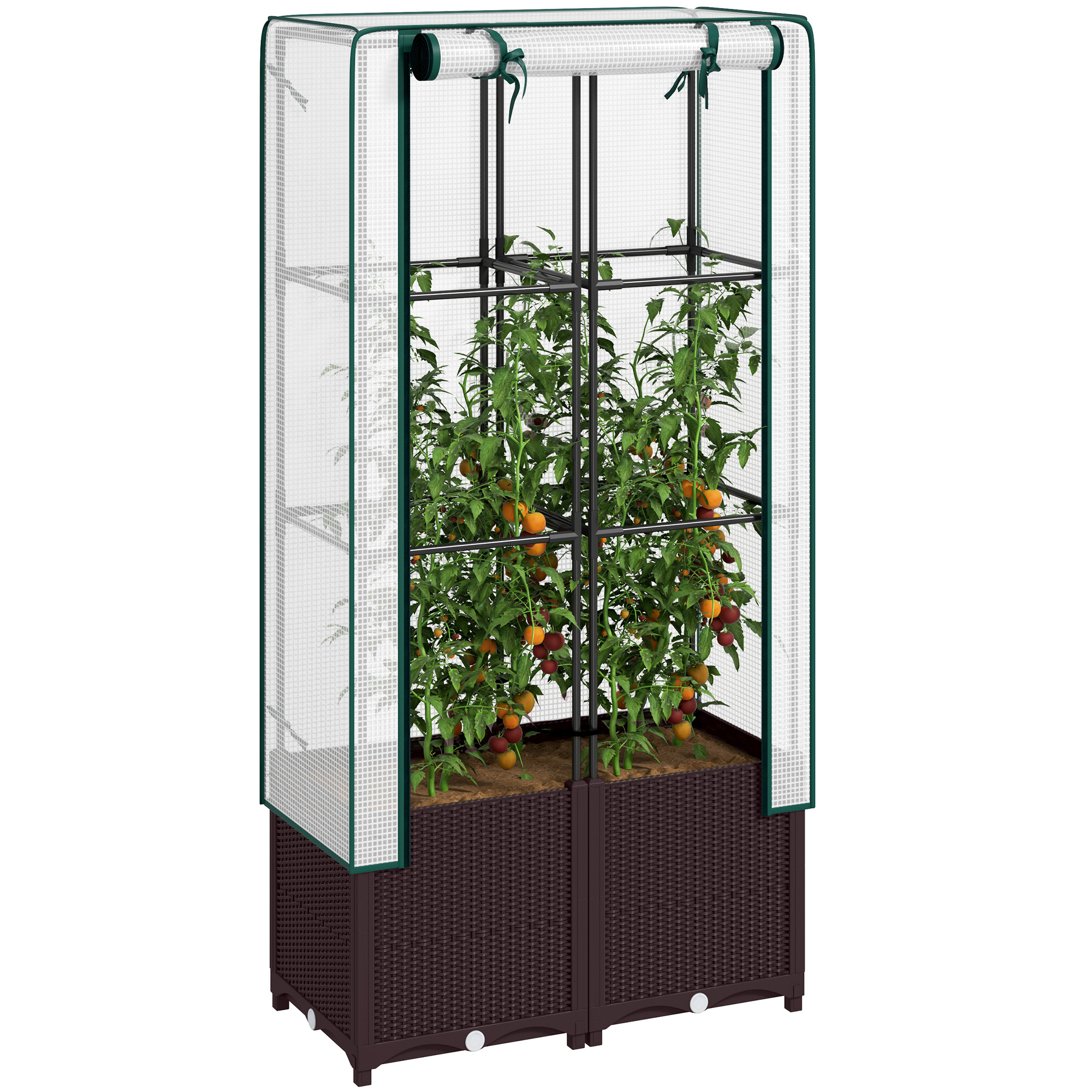 SUNVISTA Raised Garden Bed with Trellis, Plastic Planter Box with Drainage Holes and Drain Plugs for Climbing Plants, 80 x 40 x 140 cm