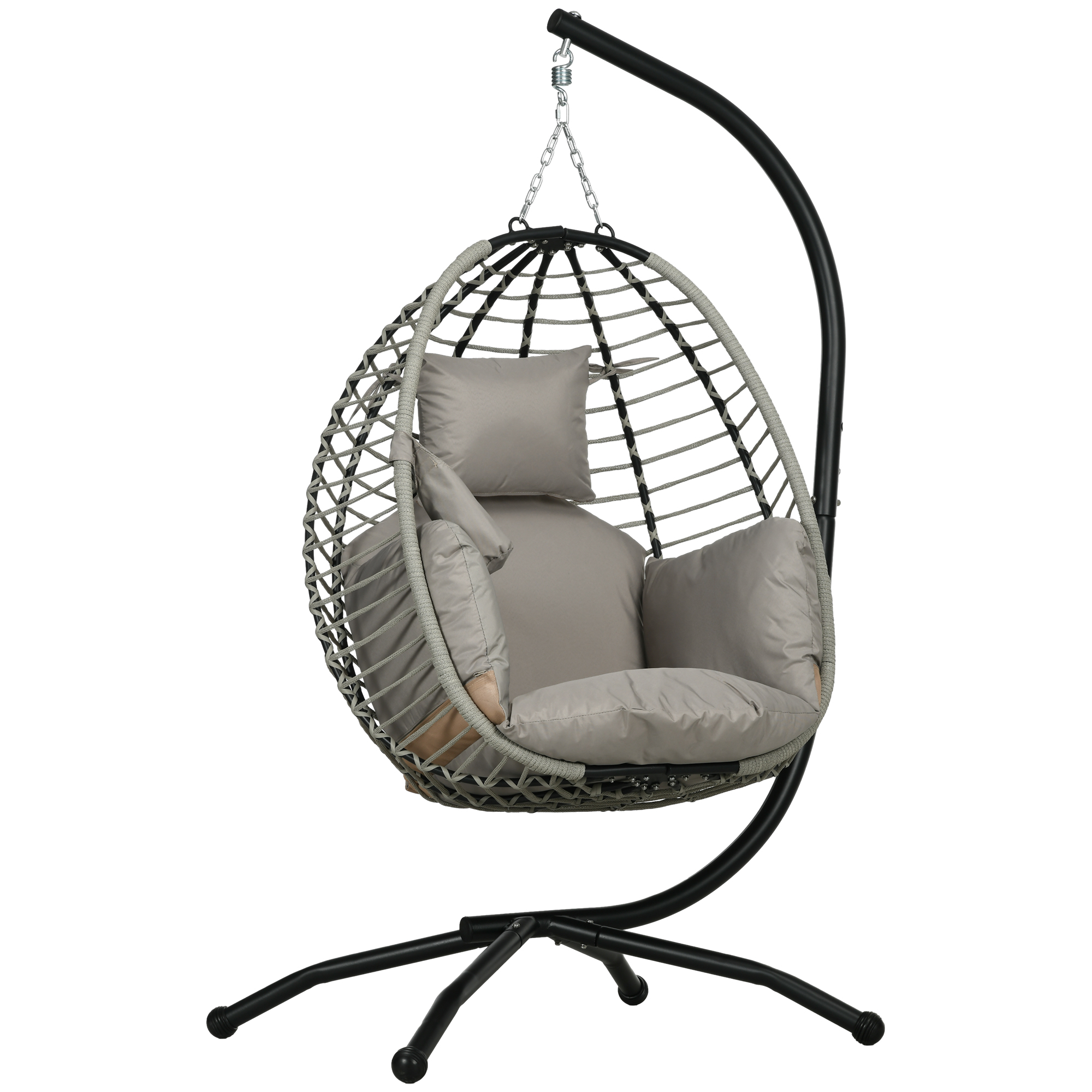 Outdoor Swing Chair with Thick Padded Cushion, Patio Hanging Chair with Metal Stand, Foldable Basket, Cup Holder, Rope Structure, for Indoor & Outdoor