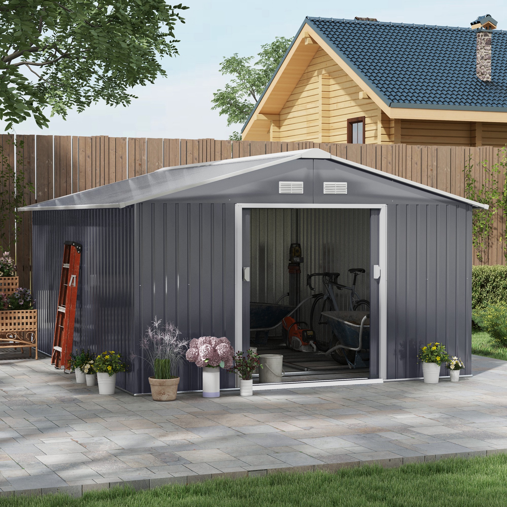 13 x 11FT Foundation Ventilation Steel Outdoor Garden Shed Grey