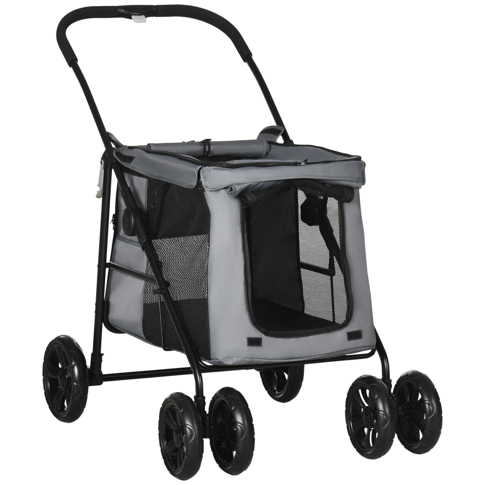 One Click Foldable Pet Stroller Dog Cat Travel Pushchair with EVA Wheels Storage Bags Mesh Windows Safety Leash Cushion for Small Pets Grey