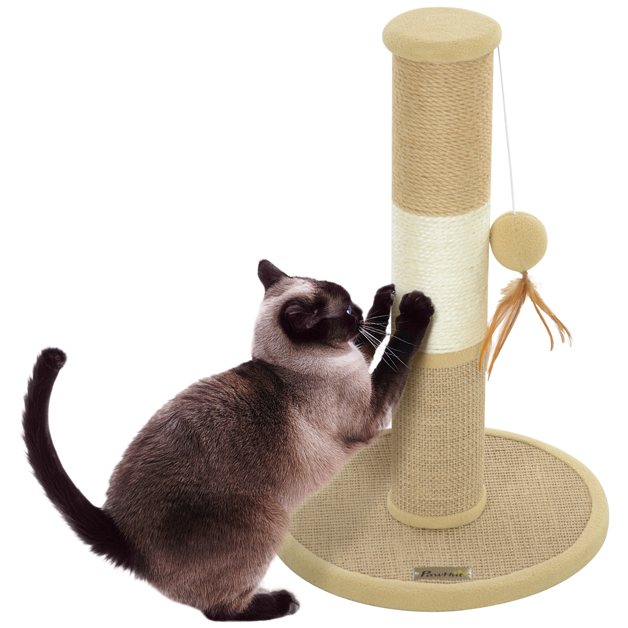 PAWSTER Cat Scratching Post for Indoor Cats, 47cm Tall Cat Scratcher with Jute Sisal Rope, Hanging Toy Ball, Feather, Brown