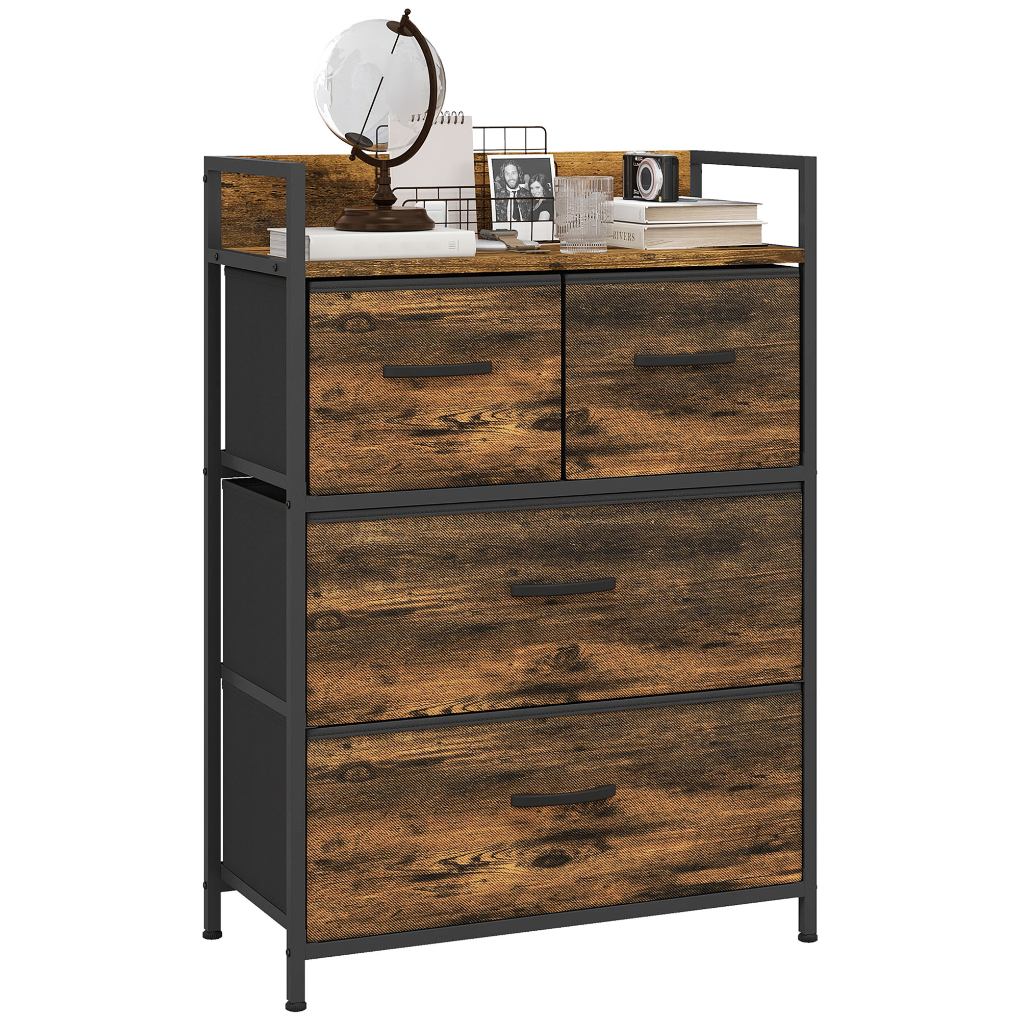 WENZA Oak Finish Chest of Drawers - Medium-sized, 4 Drawers, Fabric
