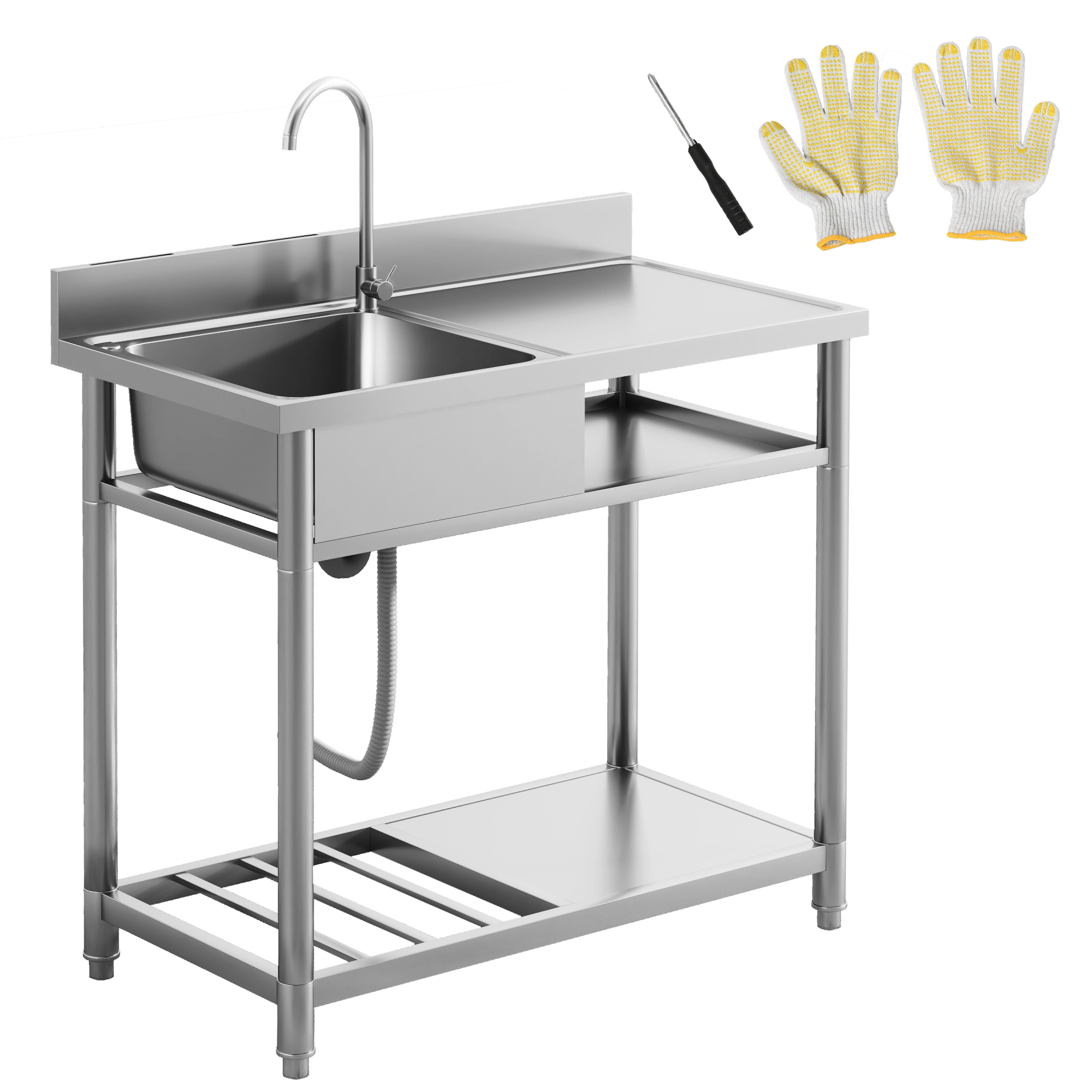 HERON Outdoor Stainless Steel Kitchen Sink, Freestanding Sink Single Bowl with Cold and Hot Water Pipe and Storage Shelves