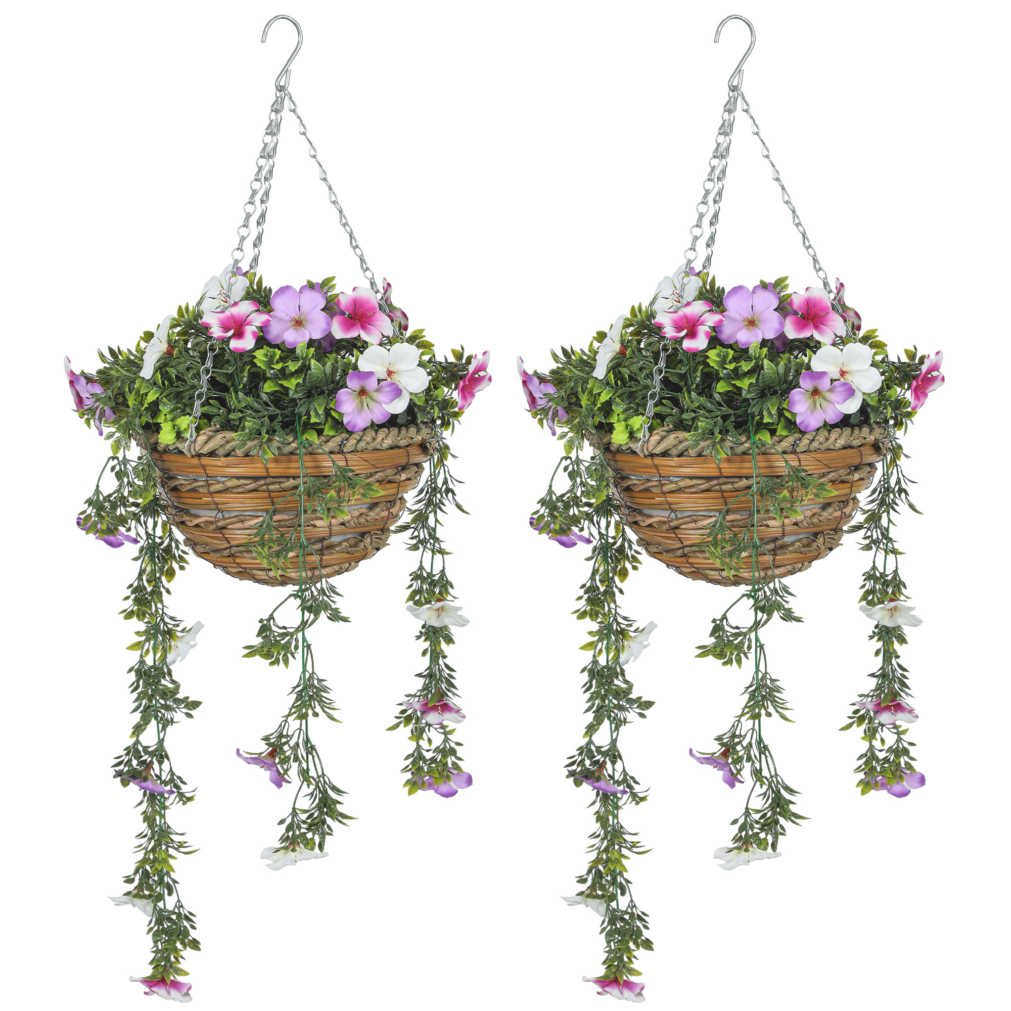 HERON Set of 2 Decorative Artificial Plants, Faux Silk Azalea Flowers in Hanging Baskets, Fake Plants for Home Indoor Outdoor Decor, Pink and White